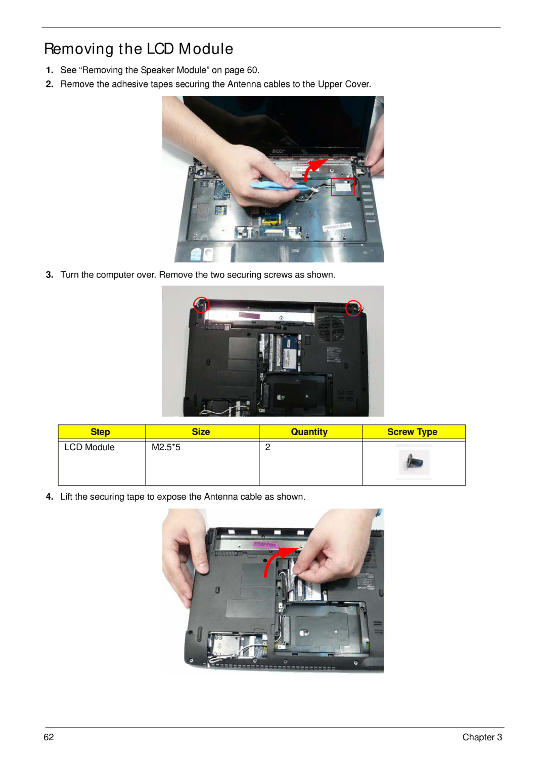 Acer 4235, 4535G manual Removing the LCD Module, Step Size Quantity Screw Type LCD Module M2.5*5 