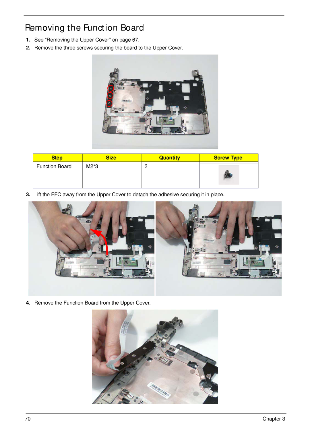 Acer 4235, 4535G manual Removing the Function Board, Step Size Quantity Screw Type Function Board M2*3 