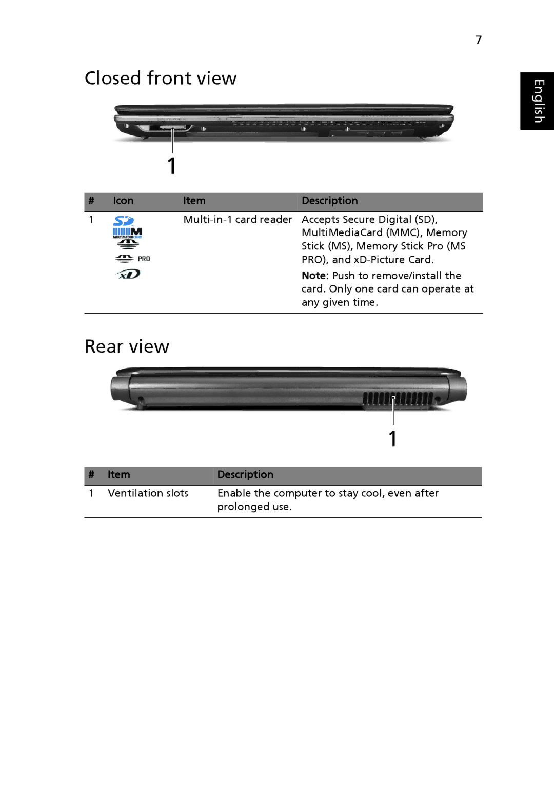 Acer 4240 Series, 4540 Series manual Closed front view, Rear view, # Icon Description 