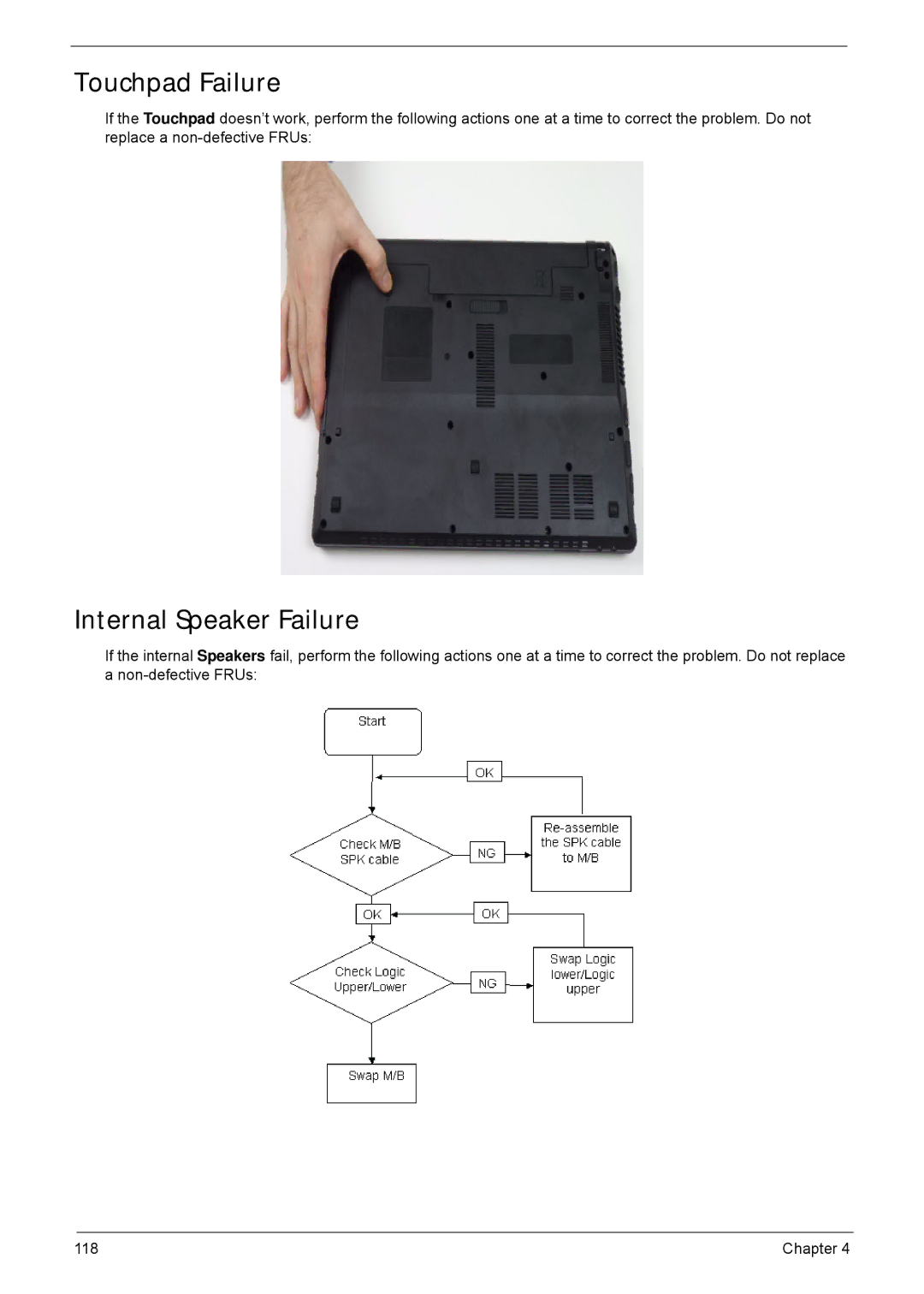 Acer 4252, 4552G manual Touchpad Failure, Internal Speaker Failure 