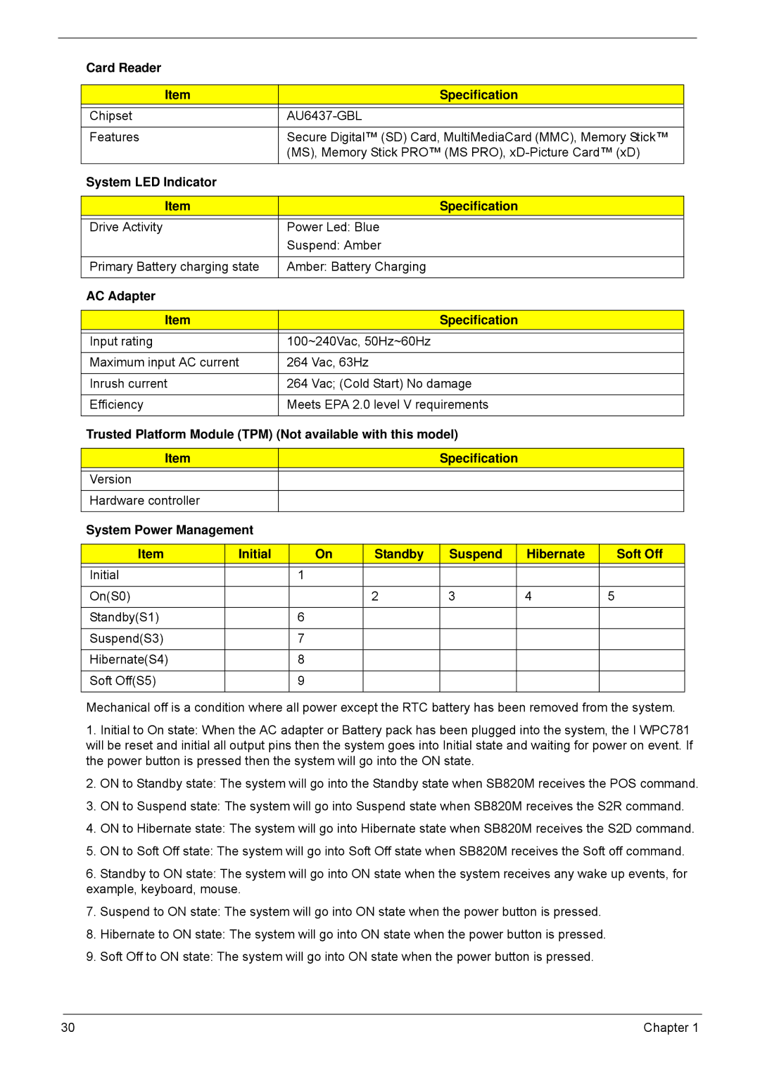 Acer 4552G, 4252 manual Card Reader Specification, System LED Indicator Specification, AC Adapter Specification 