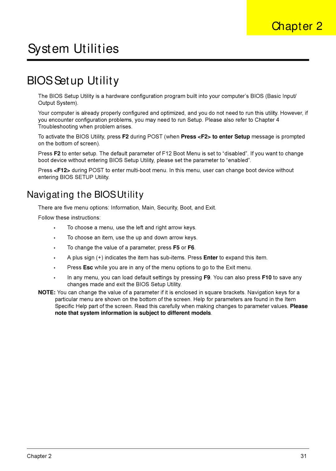 Acer 4252, 4552G manual Bios Setup Utility, Navigating the Bios Utility 