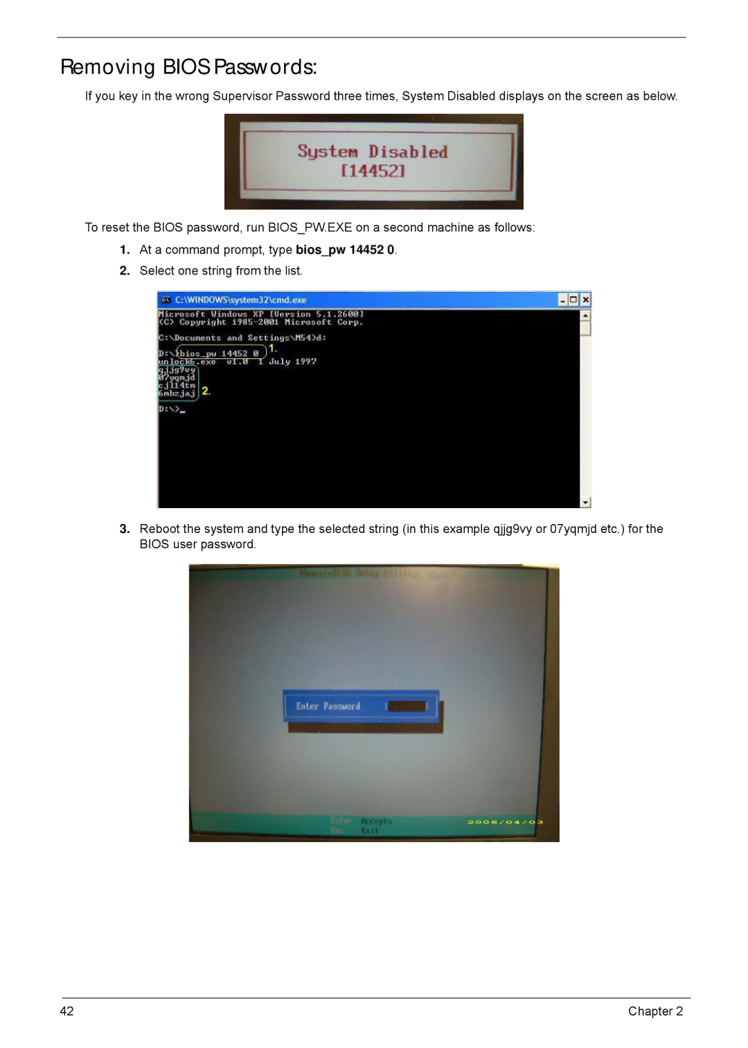Acer 4552G, 4252 manual Removing Bios Passwords 