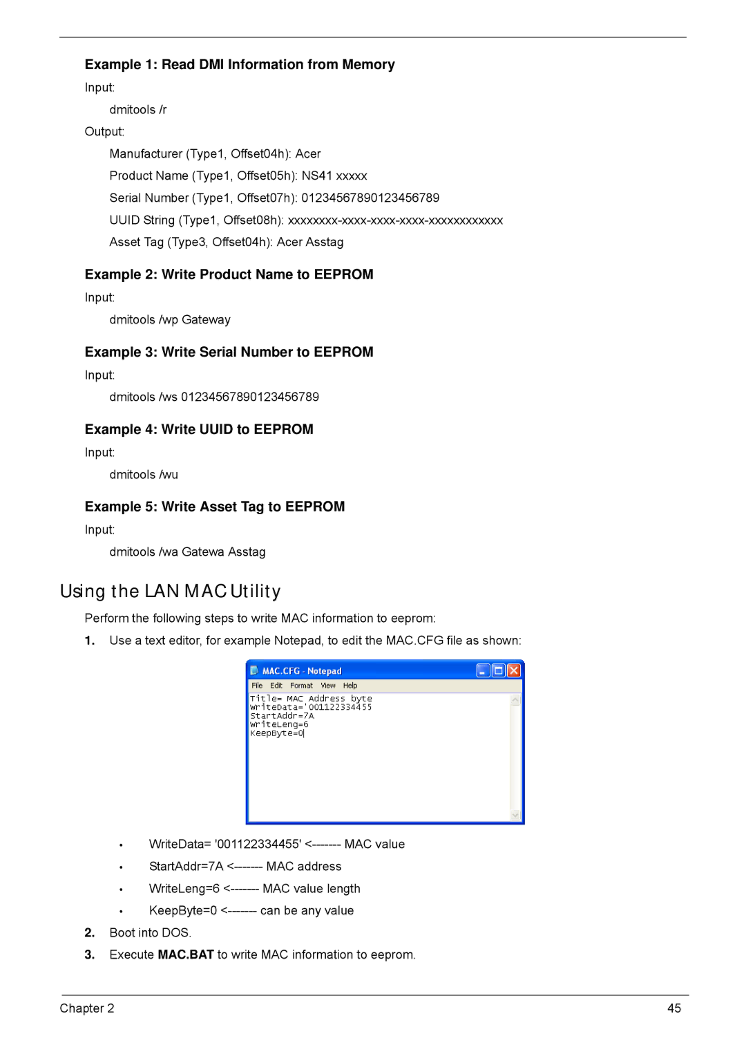 Acer 4552G, 4252 manual Using the LAN MAC Utility, Example 1 Read DMI Information from Memory 