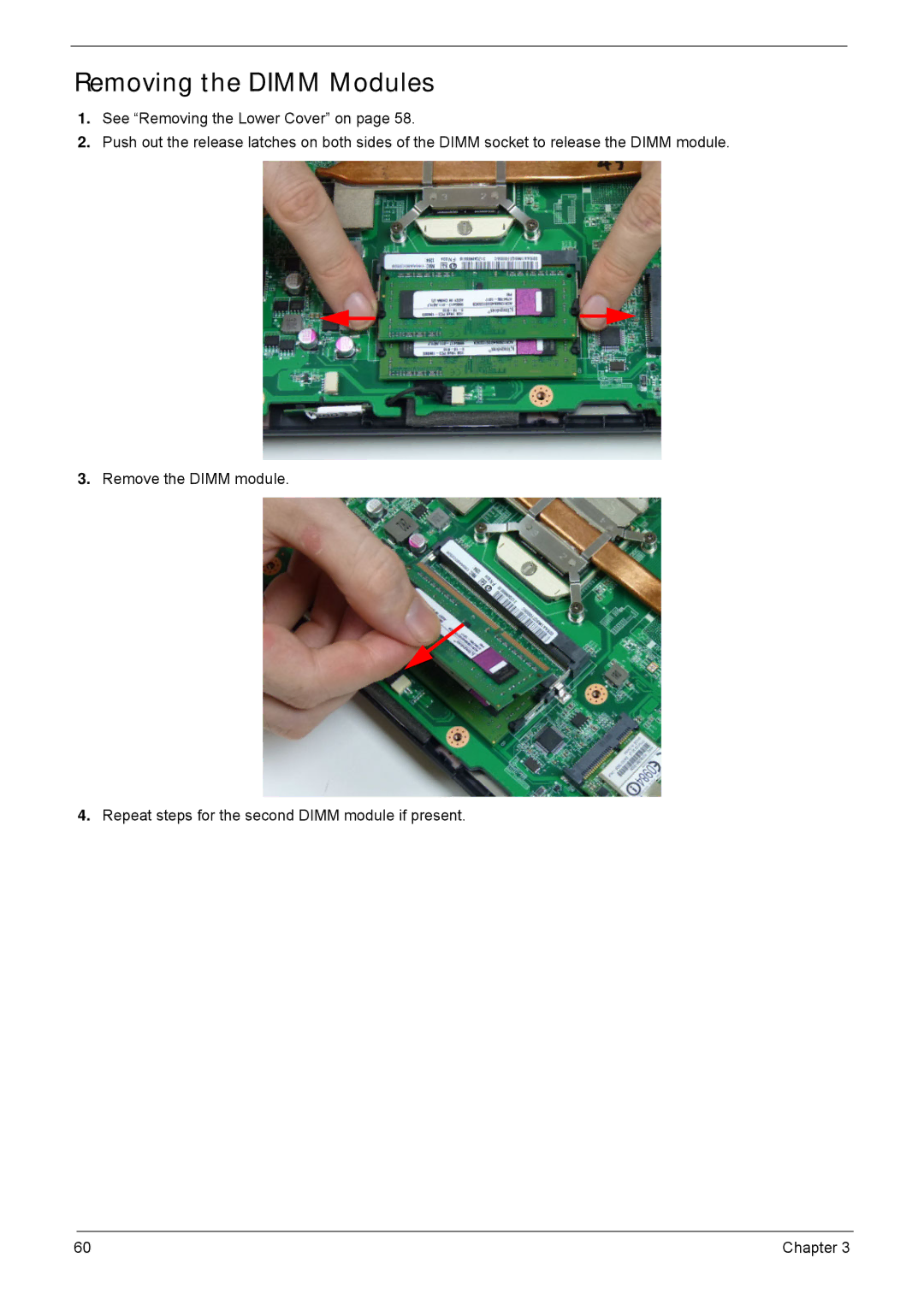 Acer 4552G, 4252 manual Removing the Dimm Modules 