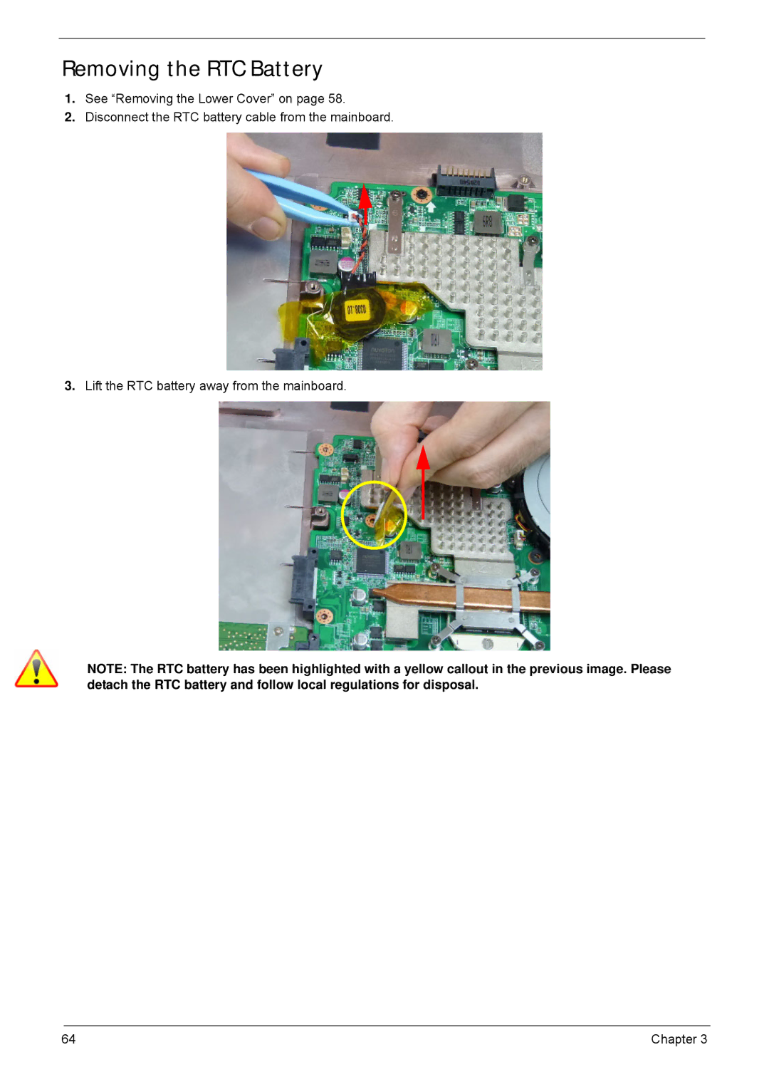 Acer 4252, 4552G manual Removing the RTC Battery 