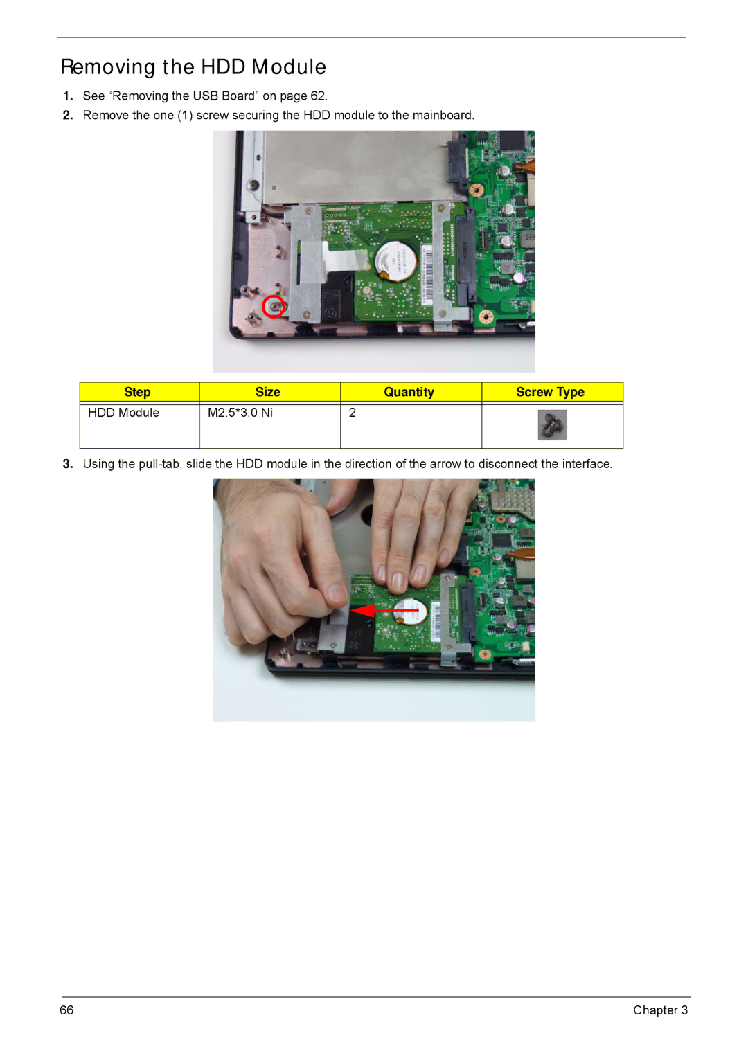 Acer 4552G, 4252 manual Removing the HDD Module, Step Size Quantity Screw Type HDD Module M2.5*3.0 Ni 