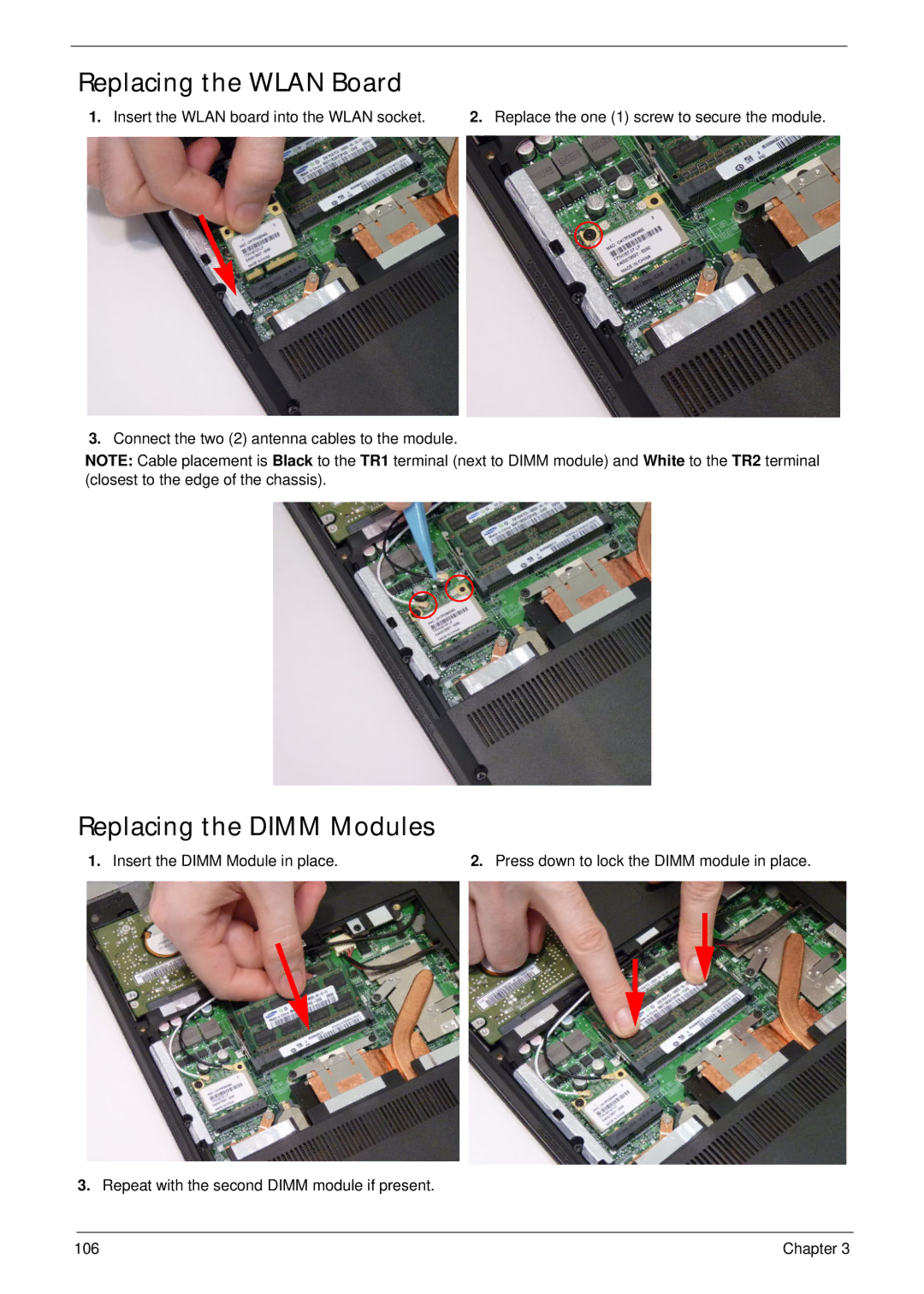 Acer 4553G manual Replacing the Wlan Board, Replacing the Dimm Modules, Insert the Wlan board into the Wlan socket 