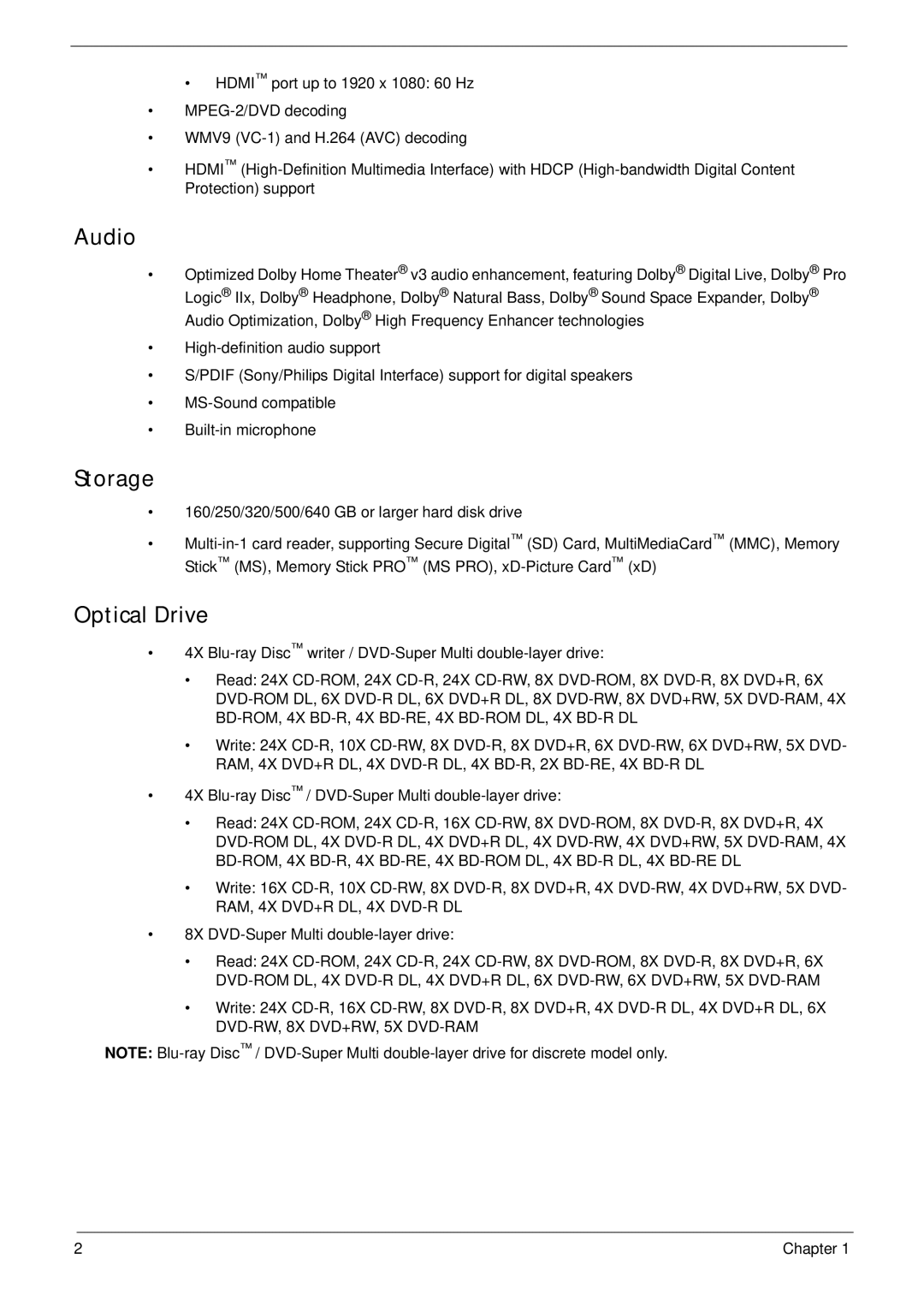 Acer 4553G manual Audio, Storage, Optical Drive 