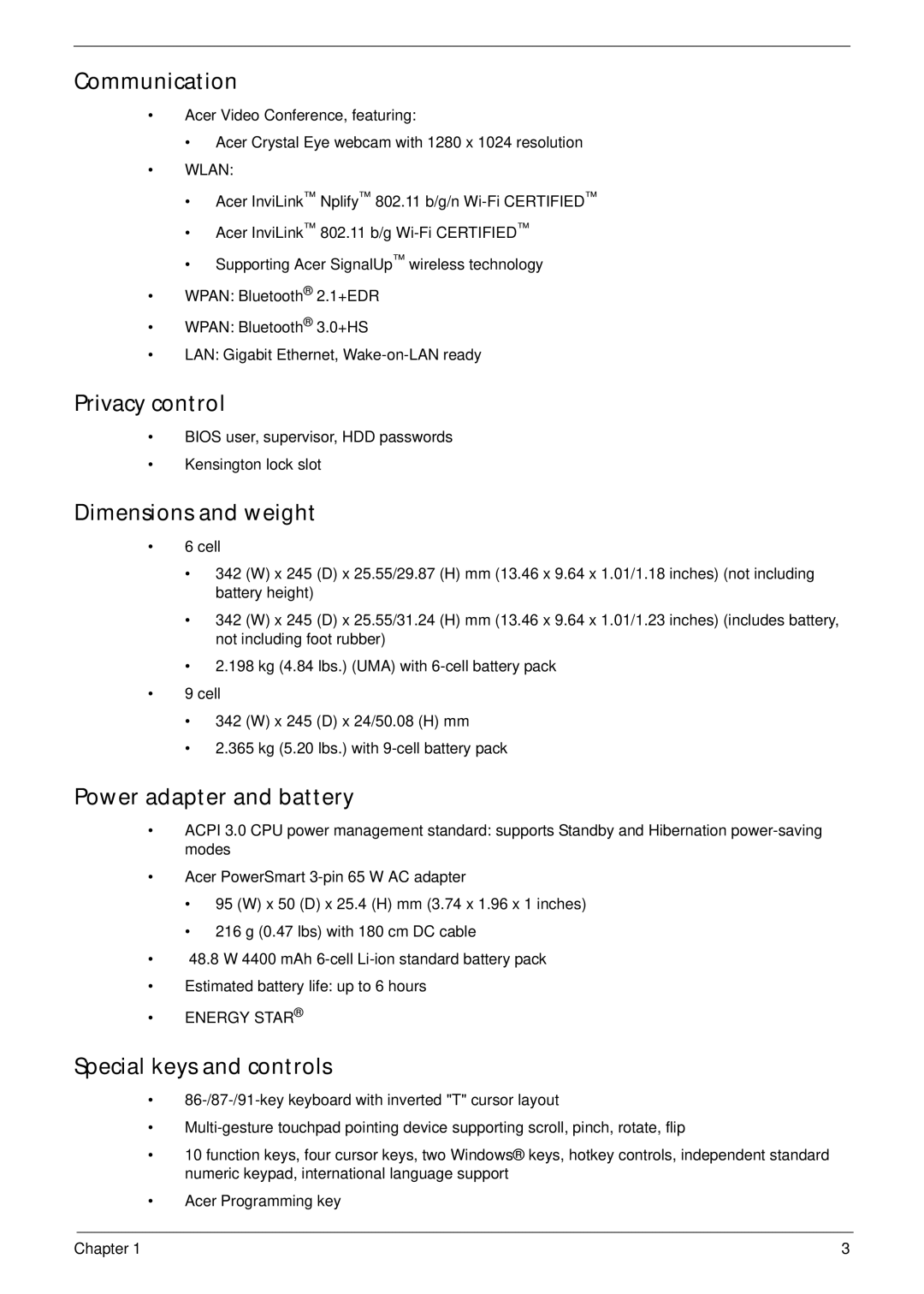 Acer 4553G Communication, Privacy control, Dimensions and weight, Power adapter and battery, Special keys and controls 