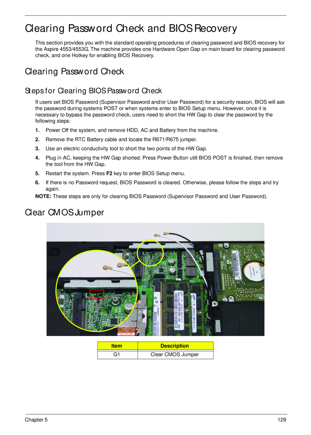 Acer 4553G manual Clearing Password Check and Bios Recovery, Clear Cmos Jumper, Steps for Clearing Bios Password Check 