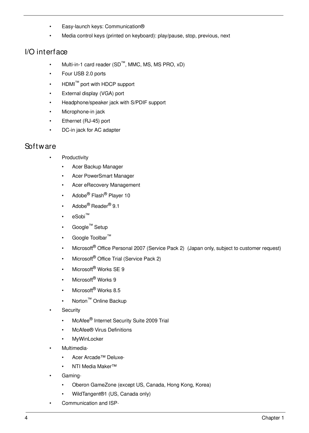 Acer 4553G manual Interface, Software 