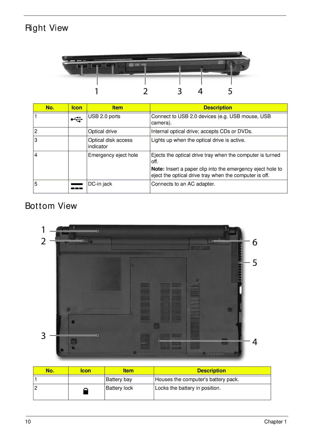 Acer 4553G manual Right View, Bottom View 