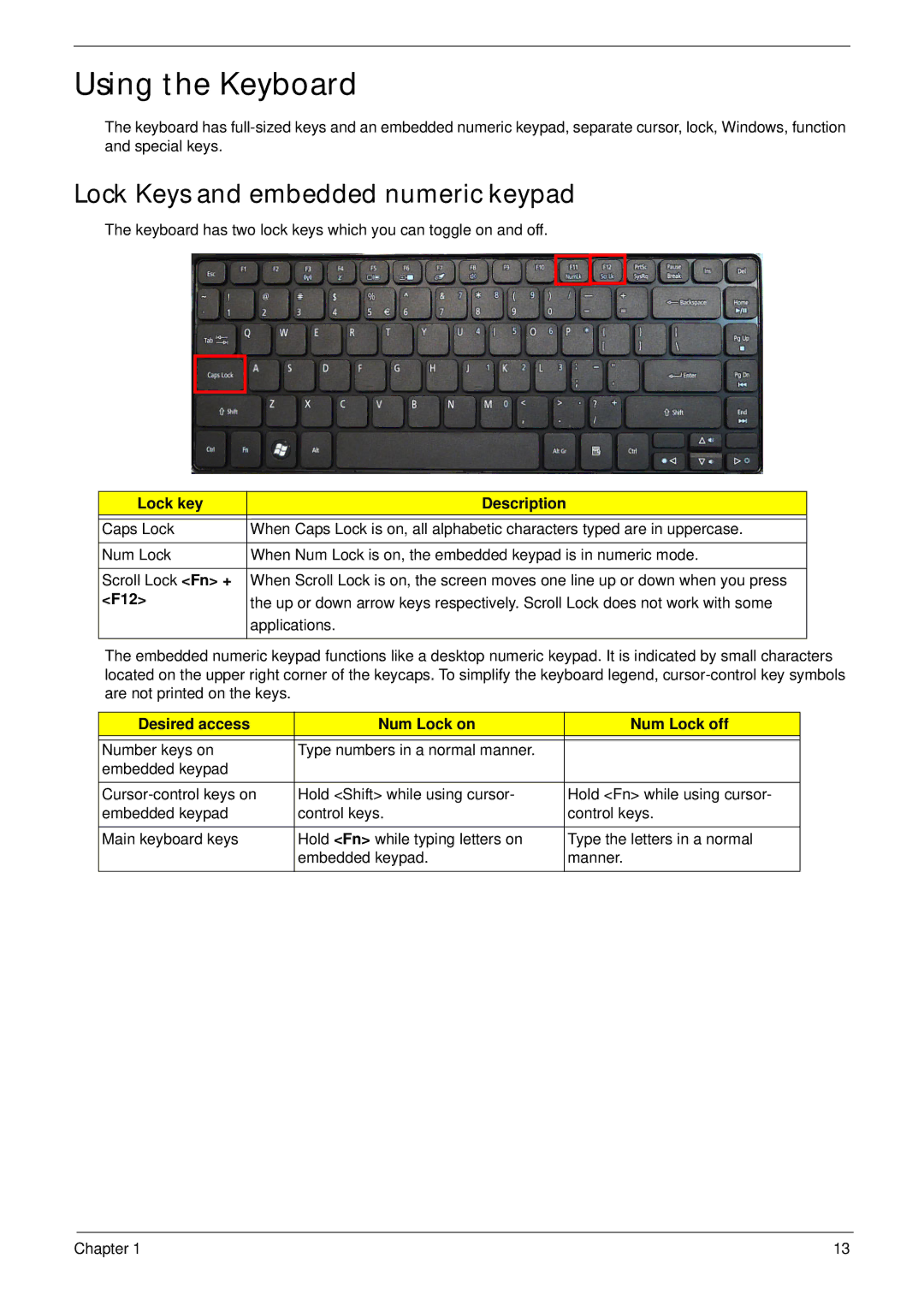 Acer 4553G manual Using the Keyboard, Lock Keys and embedded numeric keypad, Lock key Description, F12 