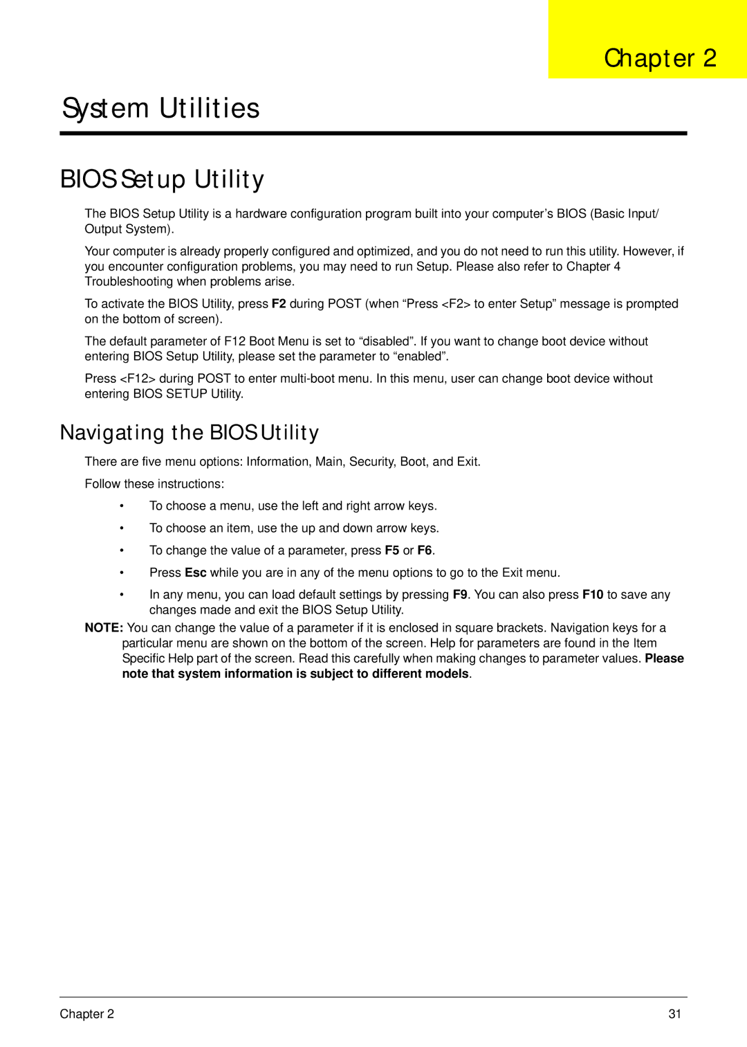 Acer 4553G manual Bios Setup Utility, Navigating the Bios Utility 