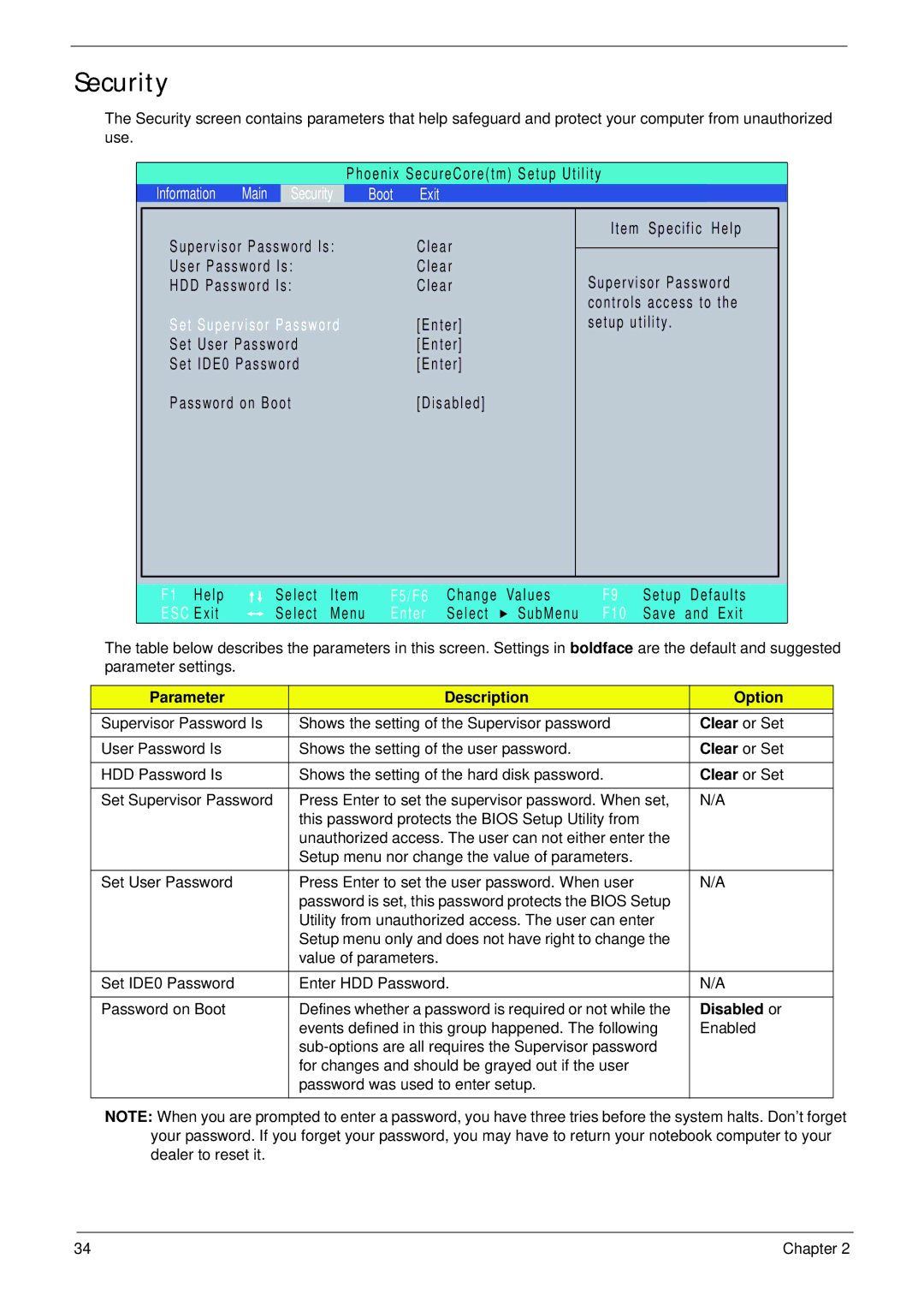 Acer 4553G manual Security, Parameter Description Option, Clear or Set, Disabled or 