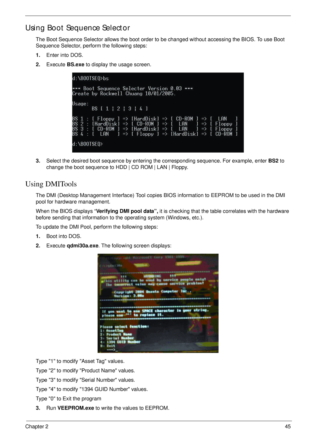 Acer 4553G manual Using Boot Sequence Selector, Using DMITools 