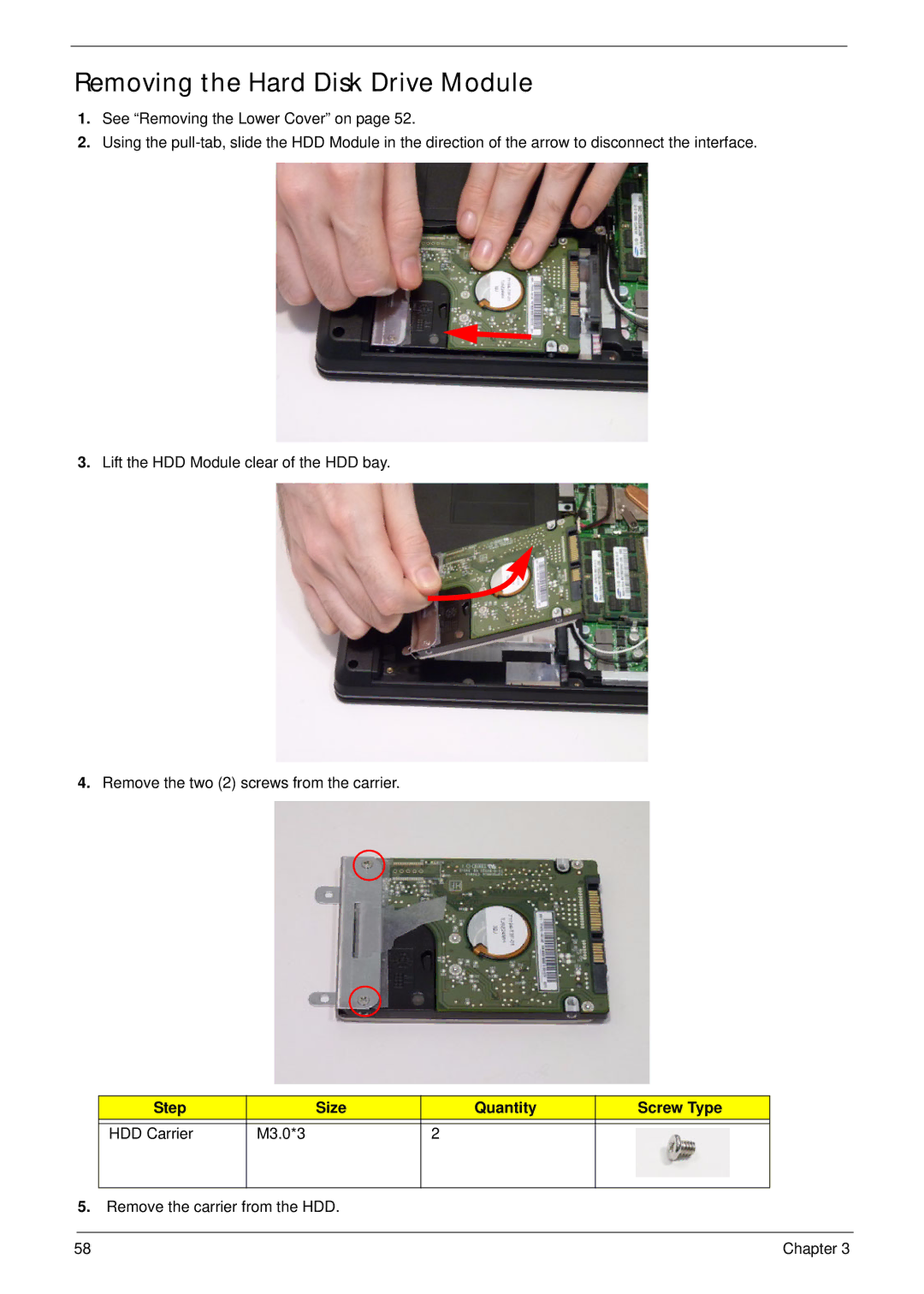 Acer 4553G manual Removing the Hard Disk Drive Module, Step Size Quantity Screw Type HDD Carrier M3.0*3 