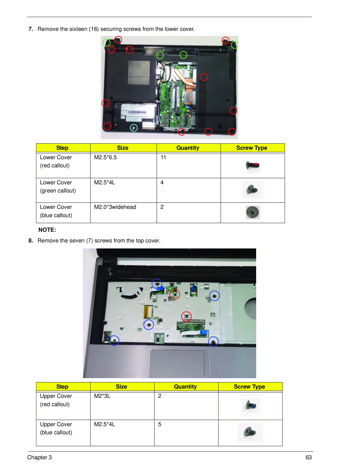 Acer 4553G manual Step Size Quantity Screw Type 