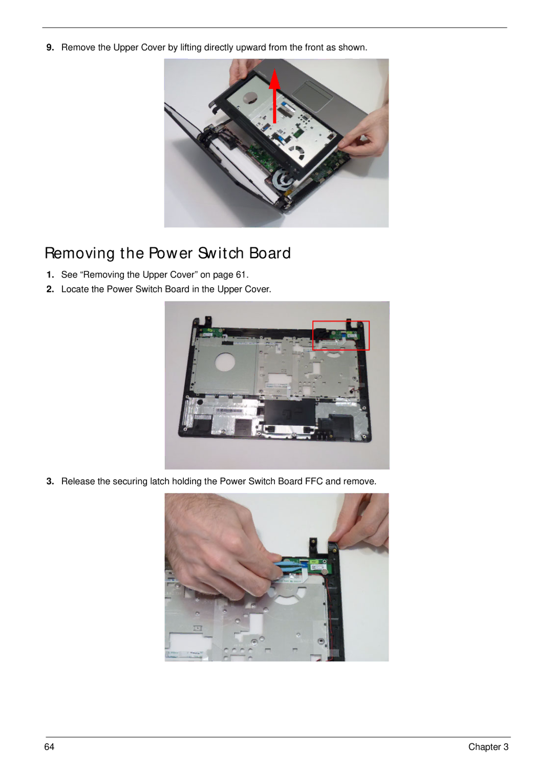 Acer 4553G manual Removing the Power Switch Board 