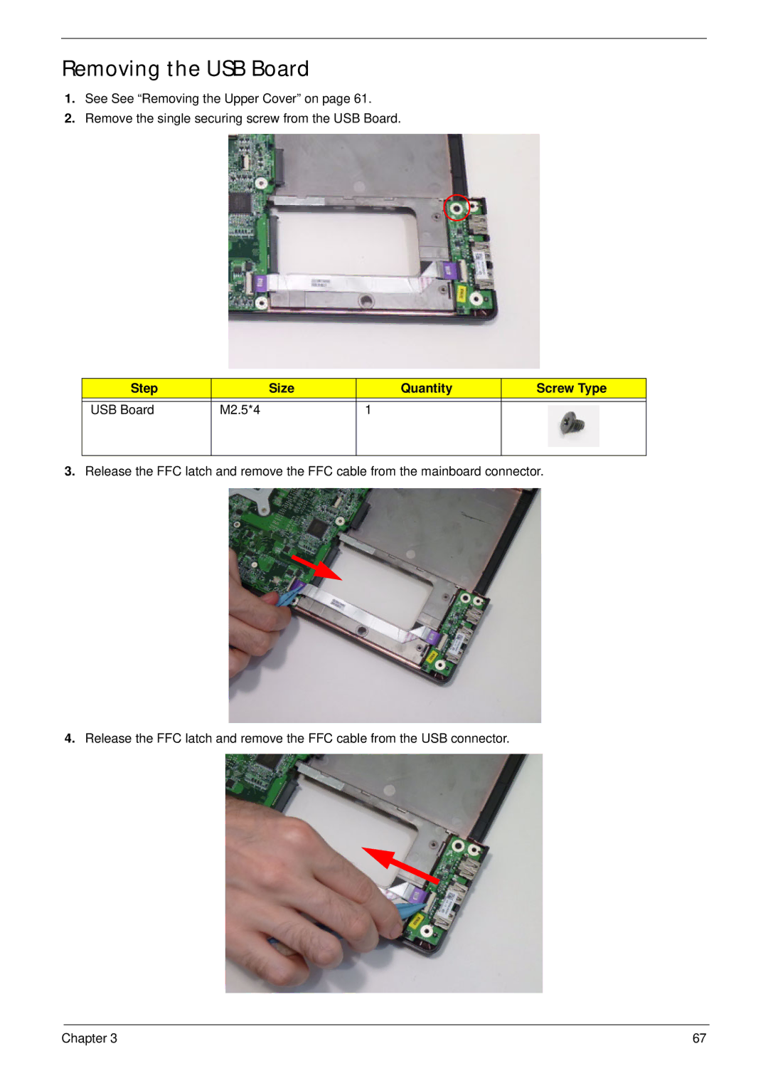 Acer 4553G manual Removing the USB Board, Step Size Quantity Screw Type USB Board M2.5*4 