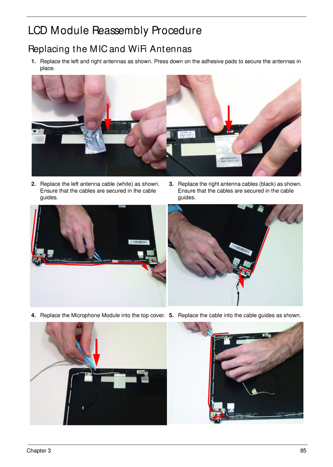 Acer 4553G manual LCD Module Reassembly Procedure, Replacing the MIC and WiFi Antennas 