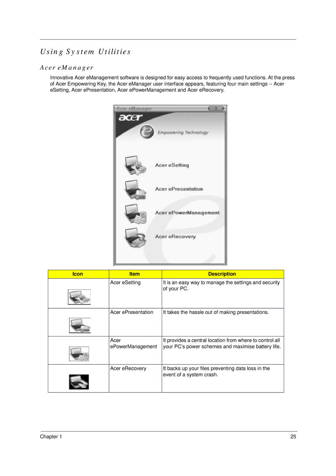 Acer 4600, 4100 manual Using System Utilities, Acer eManager, Icon Description 