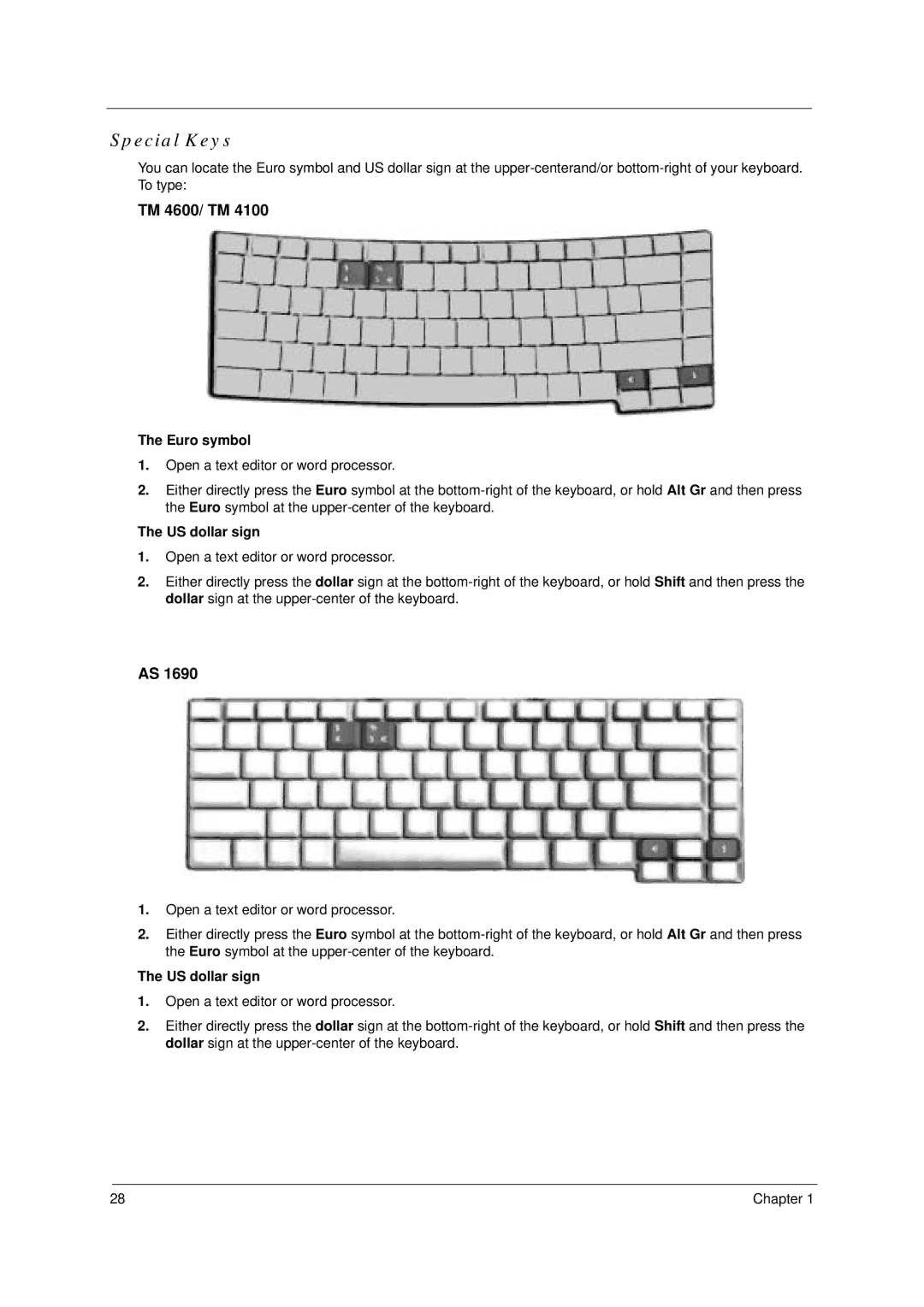 Acer 4100, 4600 manual Special Keys, Euro symbol, US dollar sign 