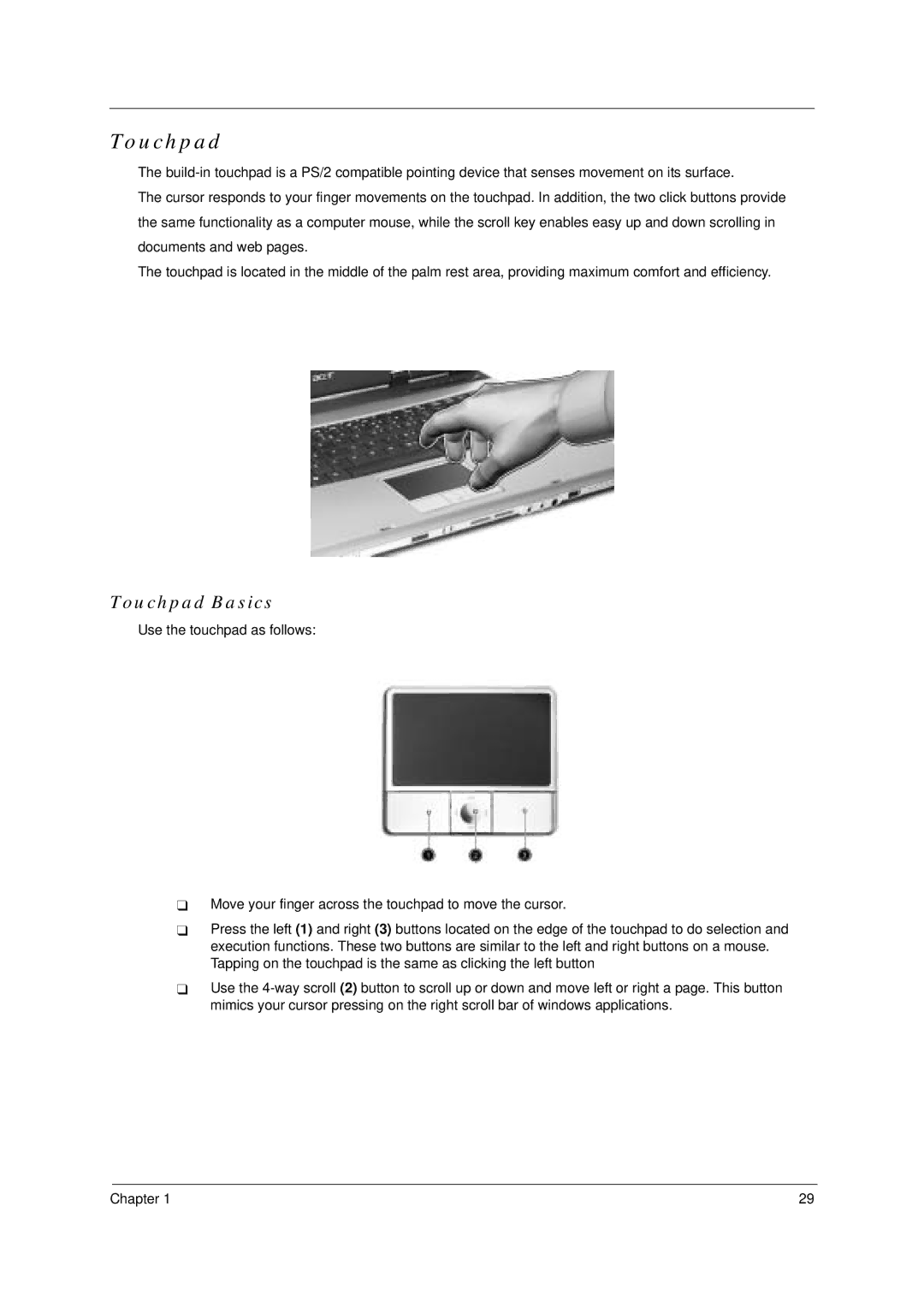 Acer 4600, 4100 manual Touchpad Basics 