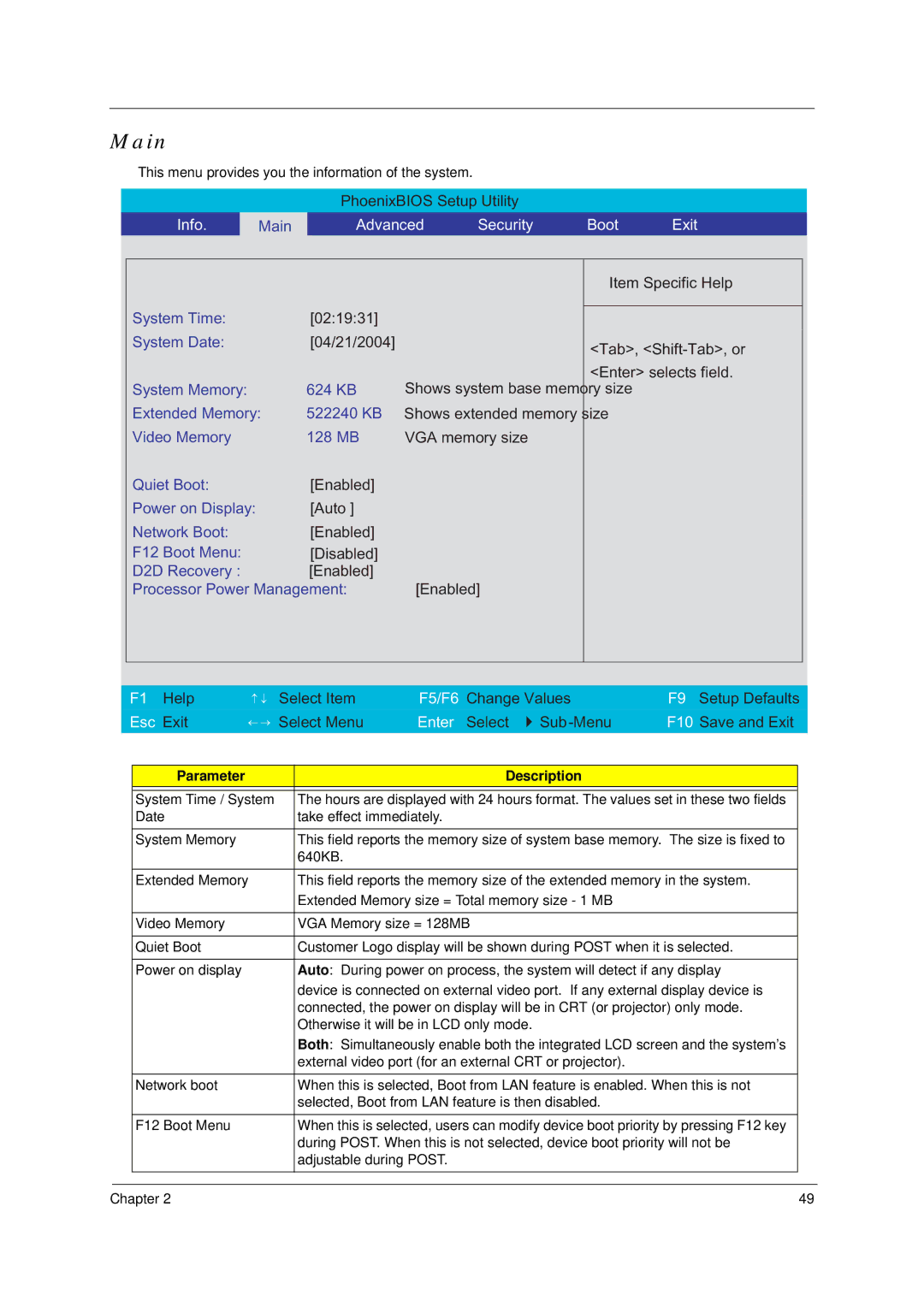 Acer 4600, 4100 manual Main, Advanced Security Boot Exit 