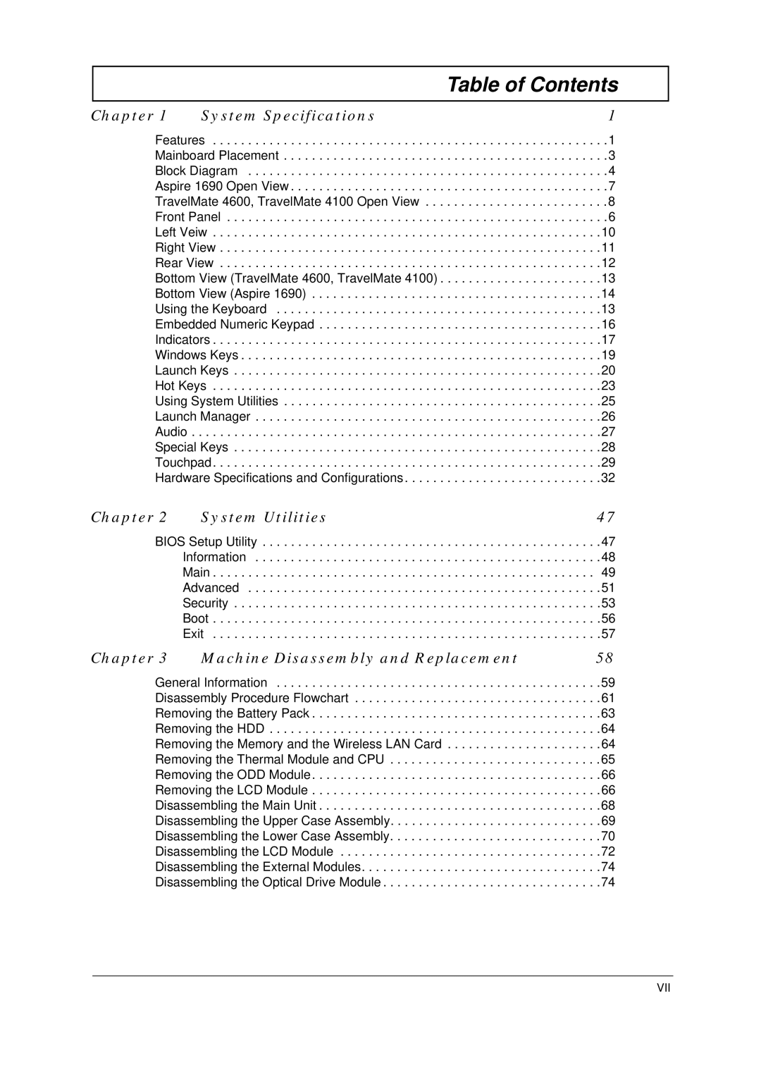 Acer 4600, 4100 manual Table of Contents 