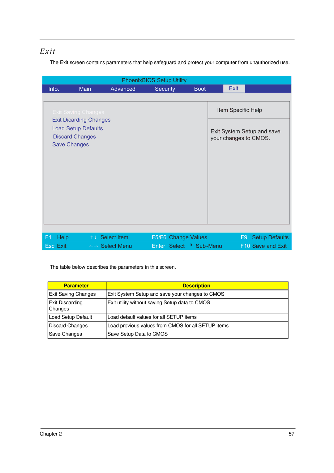 Acer 4600, 4100 manual Exit, Info Main Advanced Security Boot 