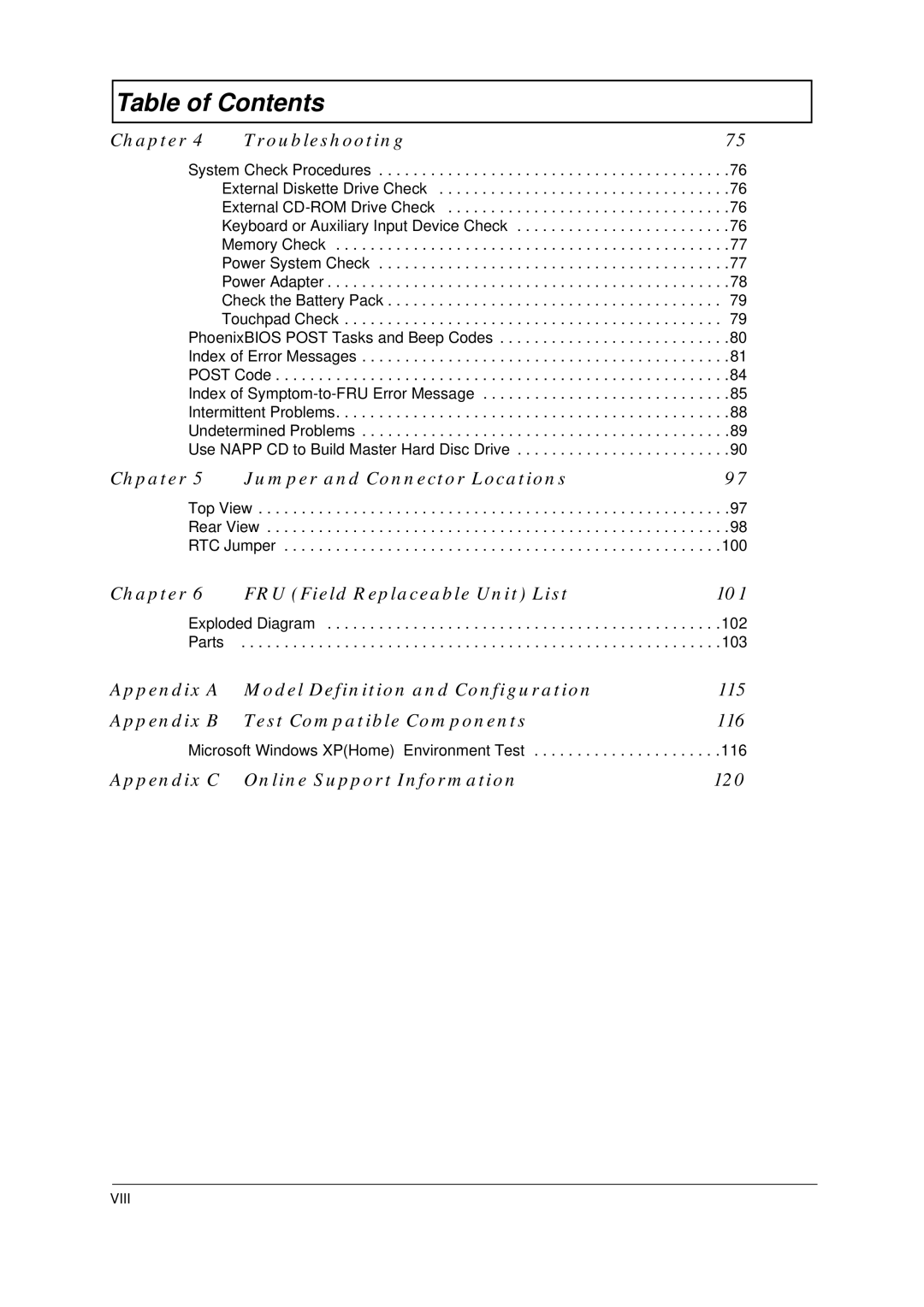 Acer 4100 Chapter Troubleshooting, Chpater Jumper and Connector Locations, Chapter FRU Field Replaceable Unit List 101 