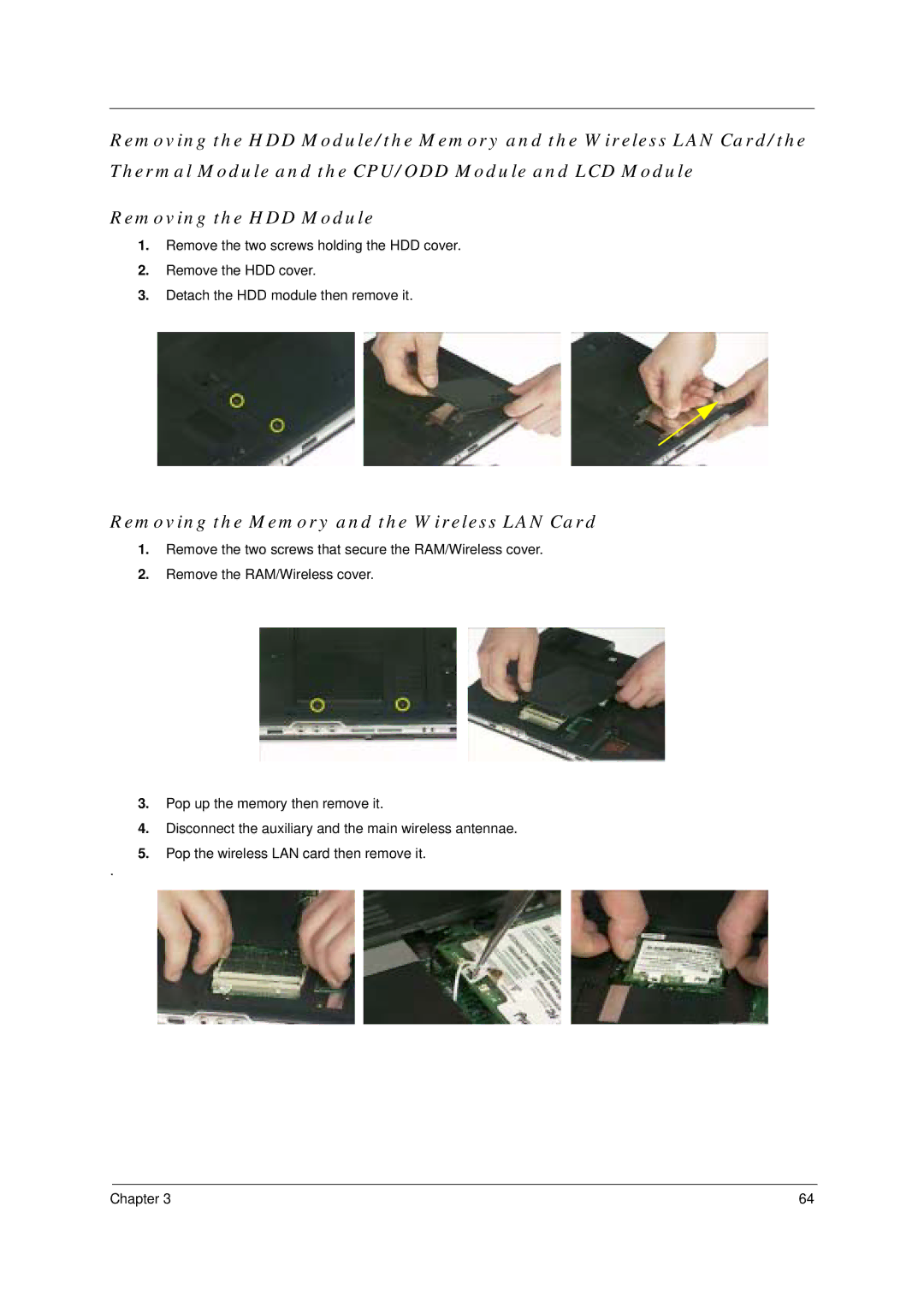 Acer 4100, 4600 manual Removing the Memory and the Wireless LAN Card 