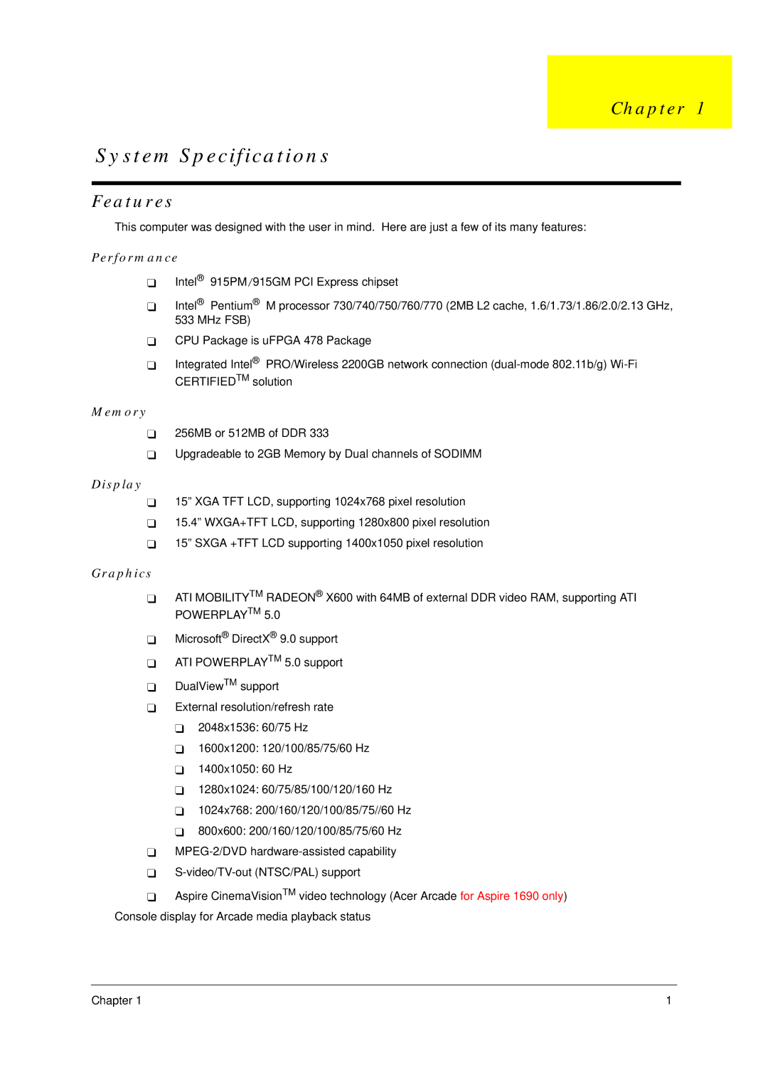 Acer 4600, 4100 manual Chapter, Features 