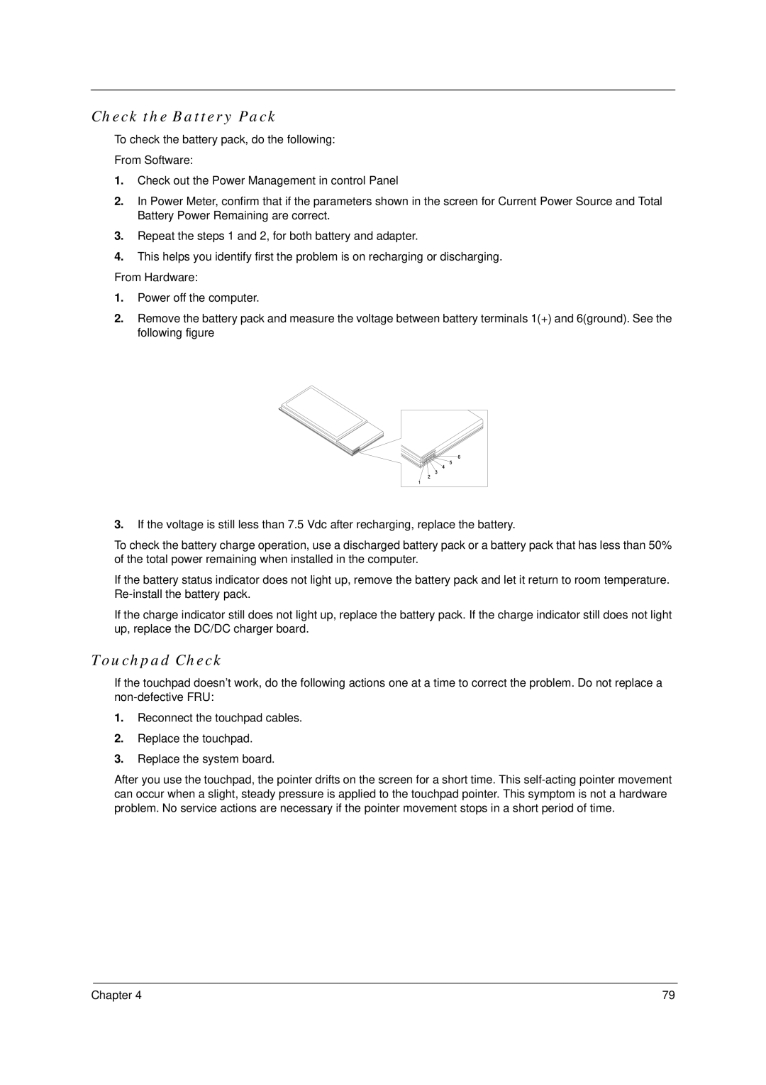 Acer 4100, 4600 manual Check the Battery Pack, Touchpad Check 