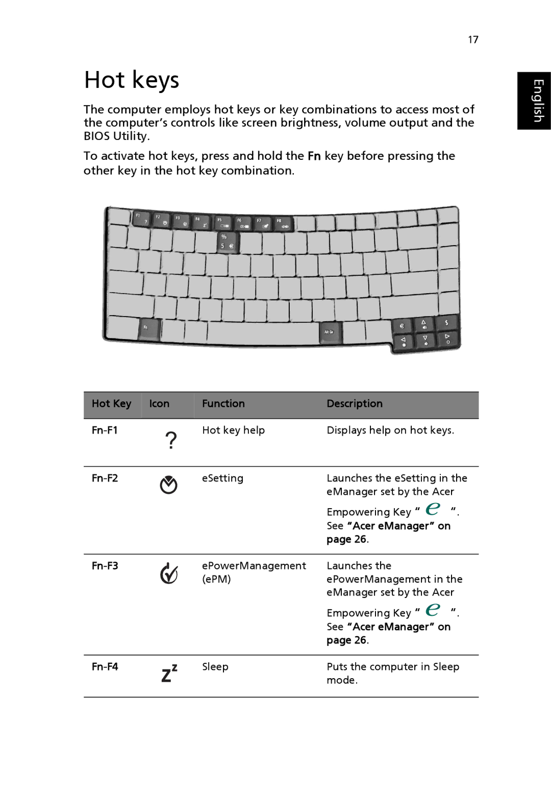 Acer 4100 Series, 4600 Series manual Hot keys 