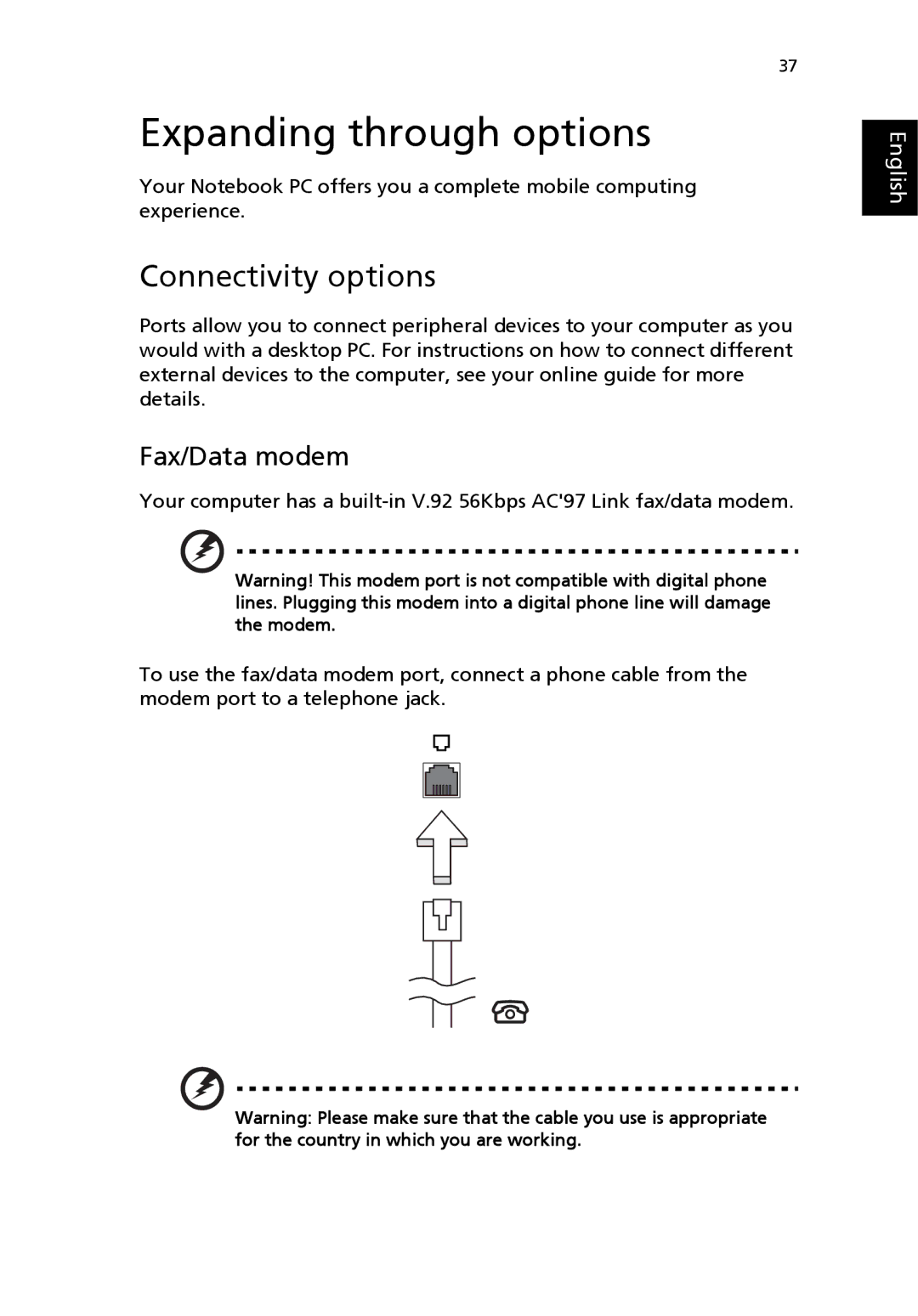 Acer 4100 Series, 4600 Series manual Expanding through options, Connectivity options, Fax/Data modem 