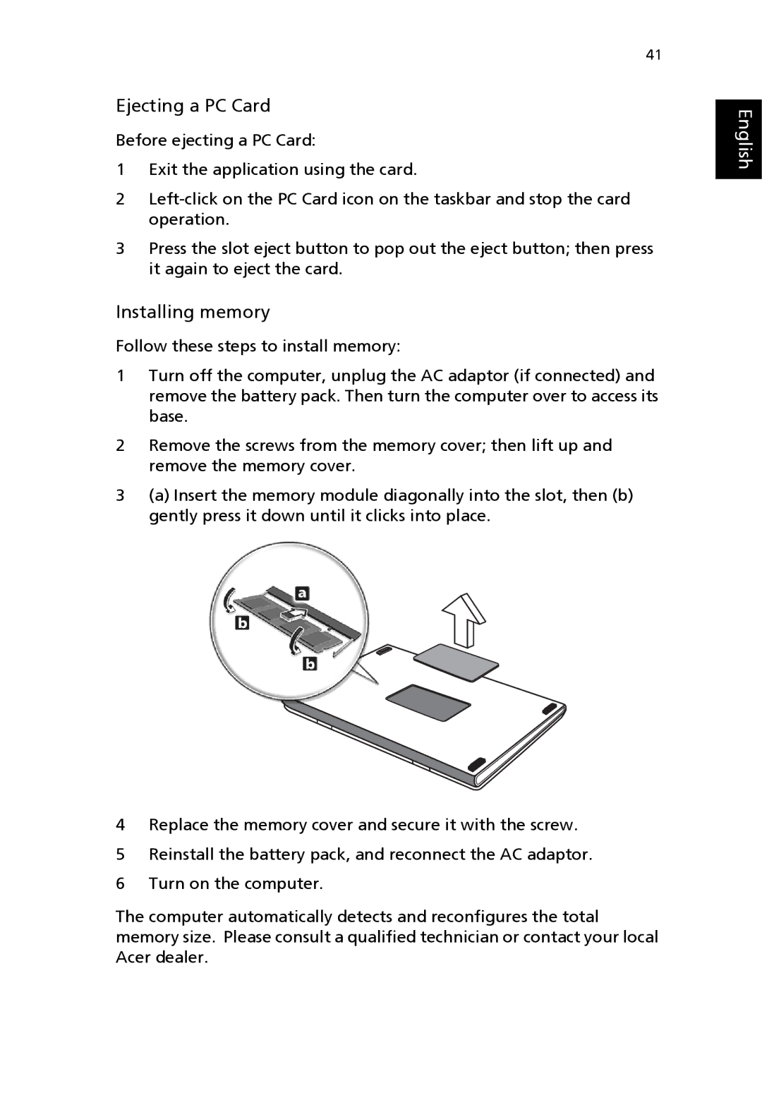 Acer 4100 Series, 4600 Series manual Ejecting a PC Card, Installing memory 