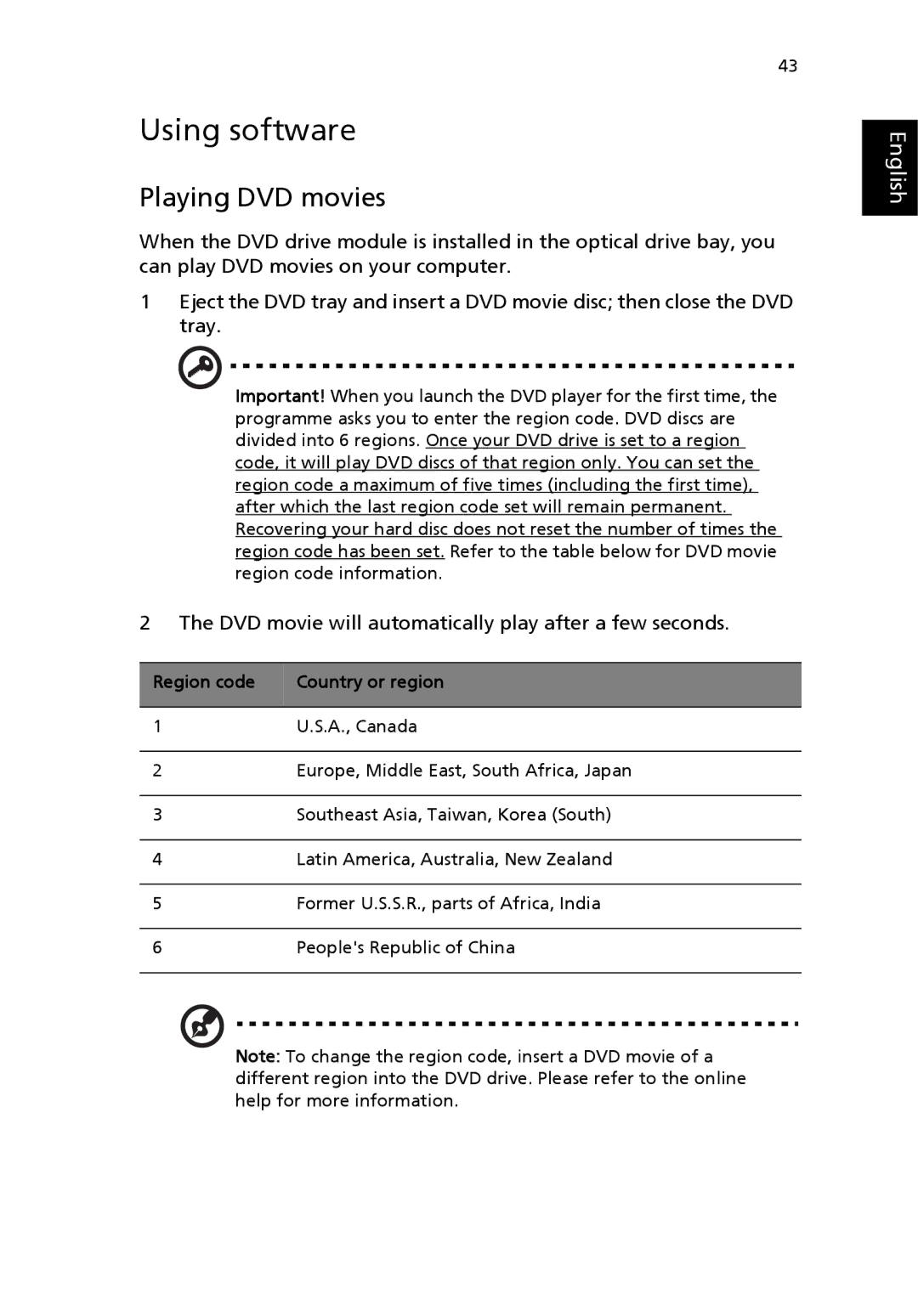 Acer 4100 Series, 4600 Series manual Using software, Playing DVD movies, Region code Country or region 