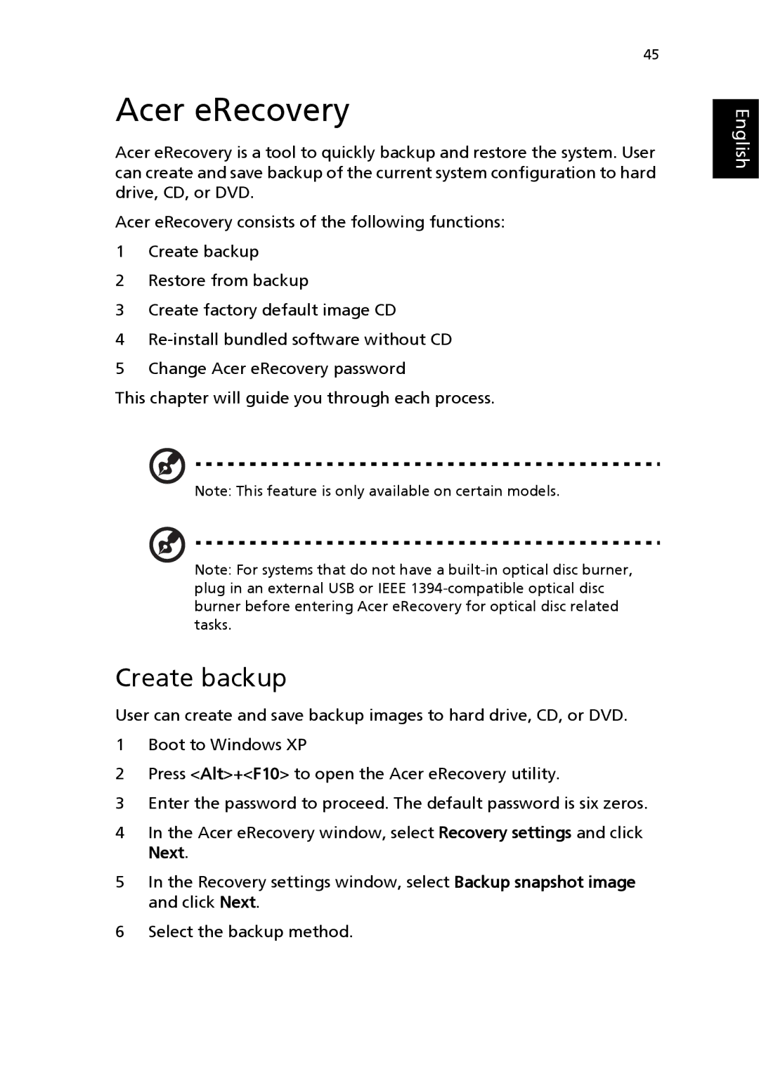 Acer 4100 Series, 4600 Series manual Acer eRecovery, Create backup 