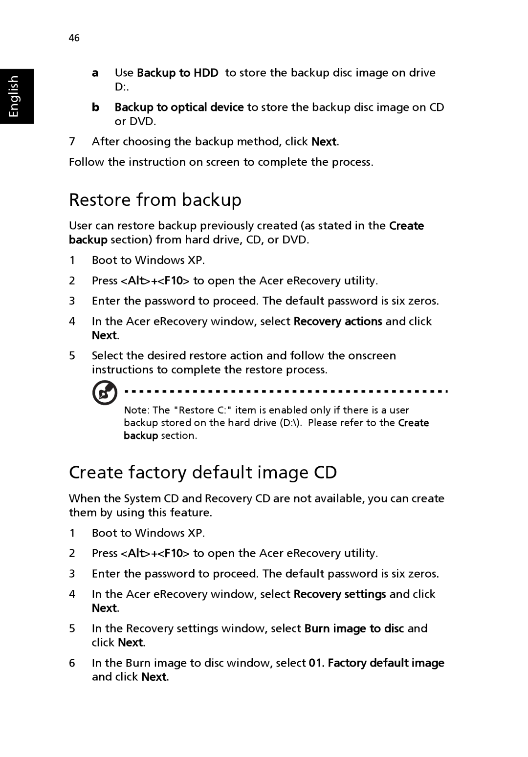 Acer 4600 Series, 4100 Series manual Restore from backup, Create factory default image CD 