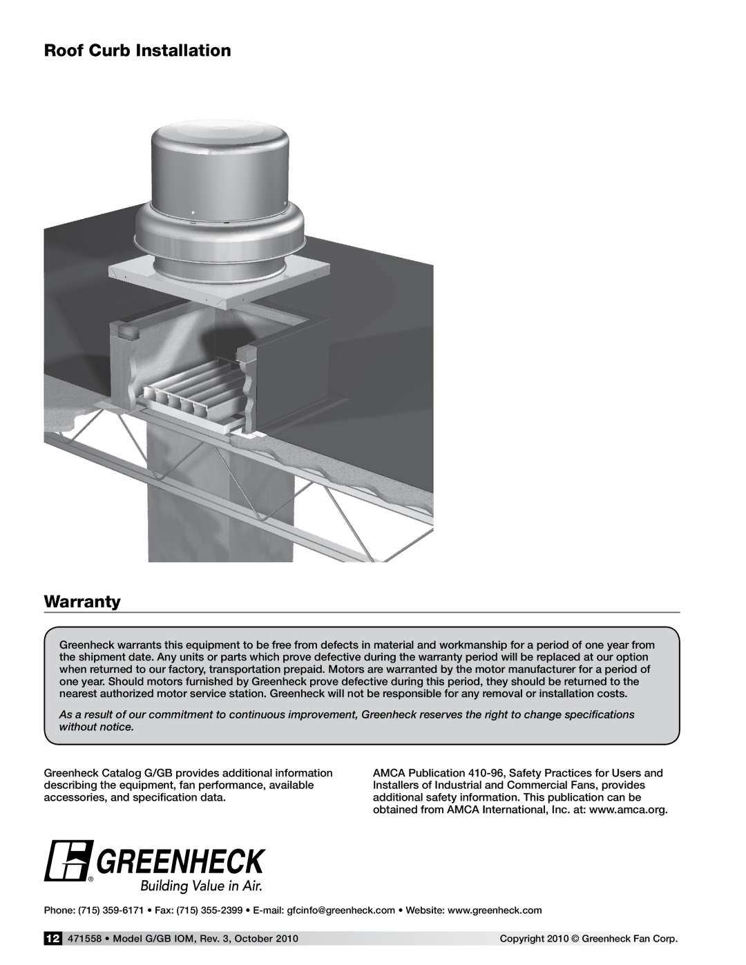 Acer 471558 manual Roof Curb Installation Warranty 