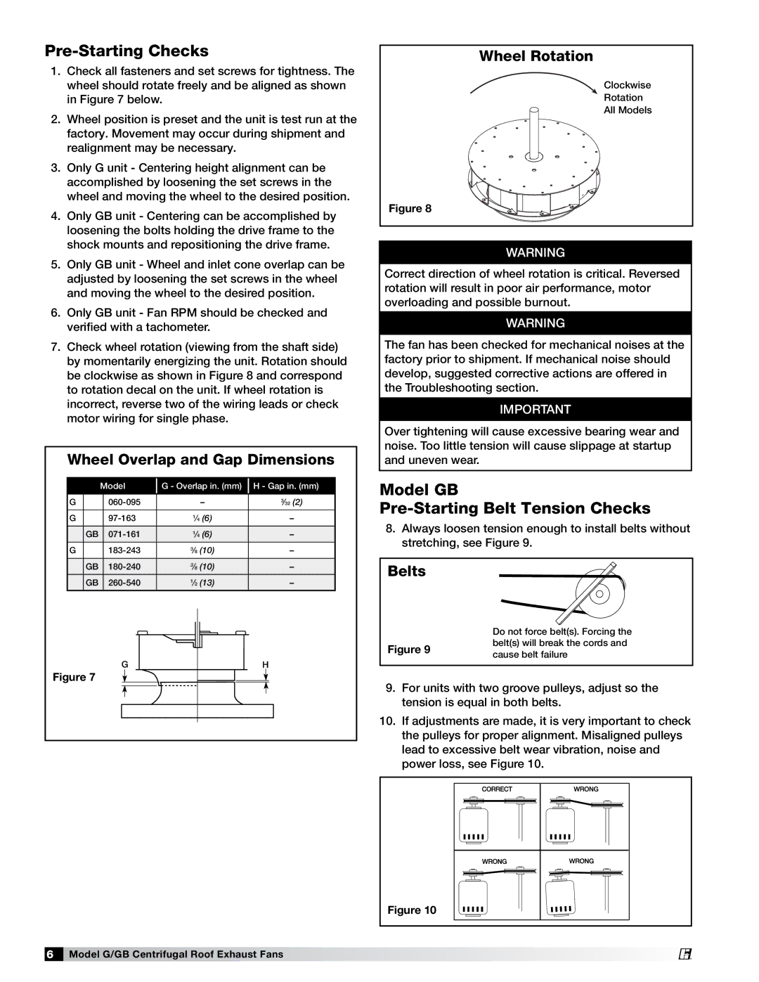 Acer 471558 manual Pre-Starting Checks, Model GB Pre-Starting Belt Tension Checks, Wheel Overlap and Gap Dimensions, Belts 