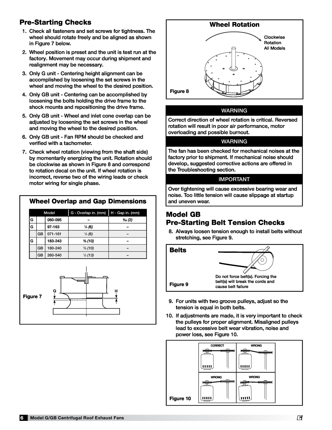 Acer 471558 manual Pre-Starting Checks, Model GB Pre-Starting Belt Tension Checks, Wheel Overlap and Gap Dimensions, Belts 