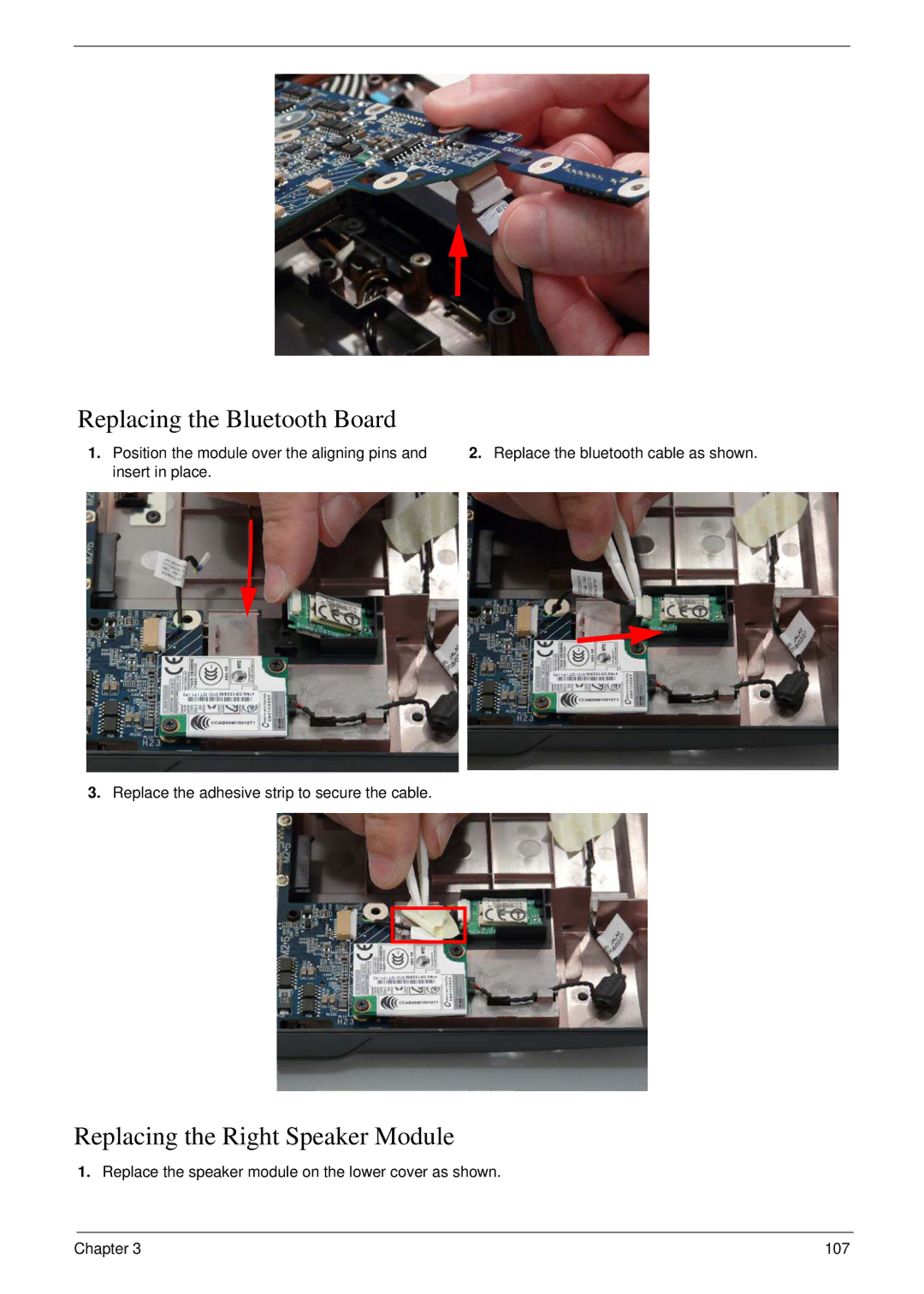 Acer 4730 manual Replacing the Bluetooth Board, Replacing the Right Speaker Module 