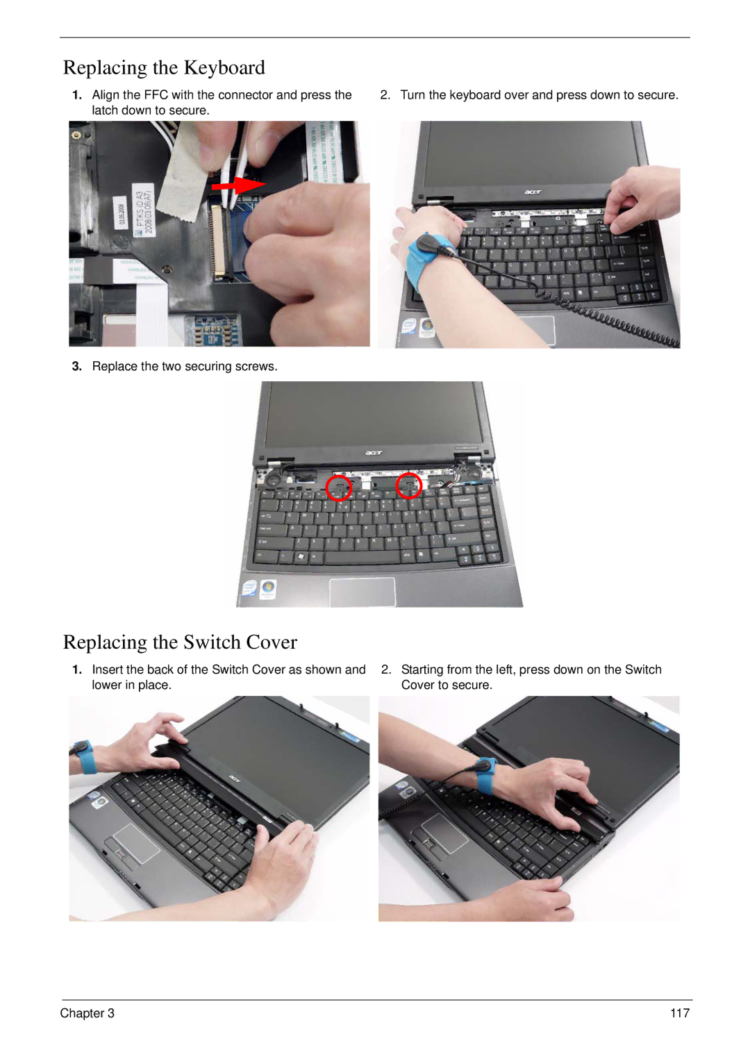 Acer 4730 manual Replacing the Keyboard, Replacing the Switch Cover 