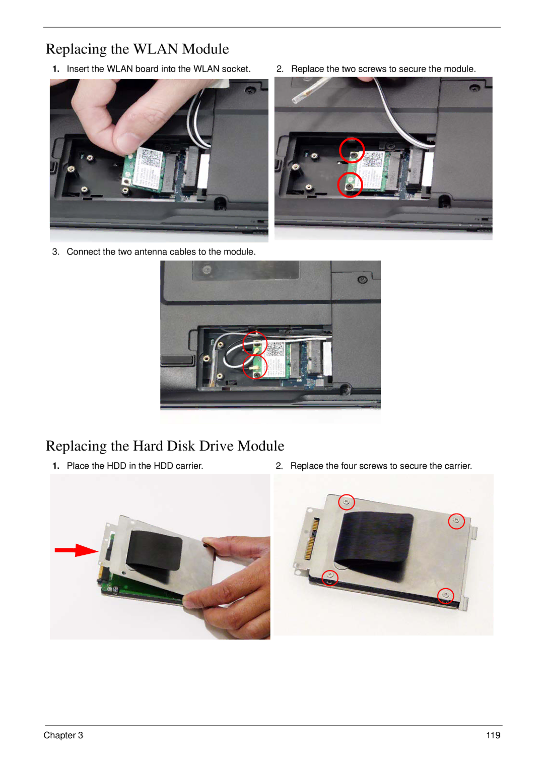 Acer 4730 manual Replacing the Wlan Module, Replacing the Hard Disk Drive Module 