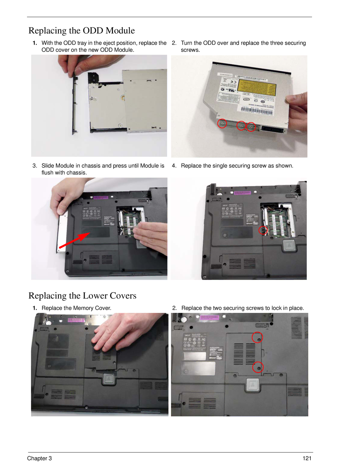 Acer 4730 manual Replacing the ODD Module, Replacing the Lower Covers 