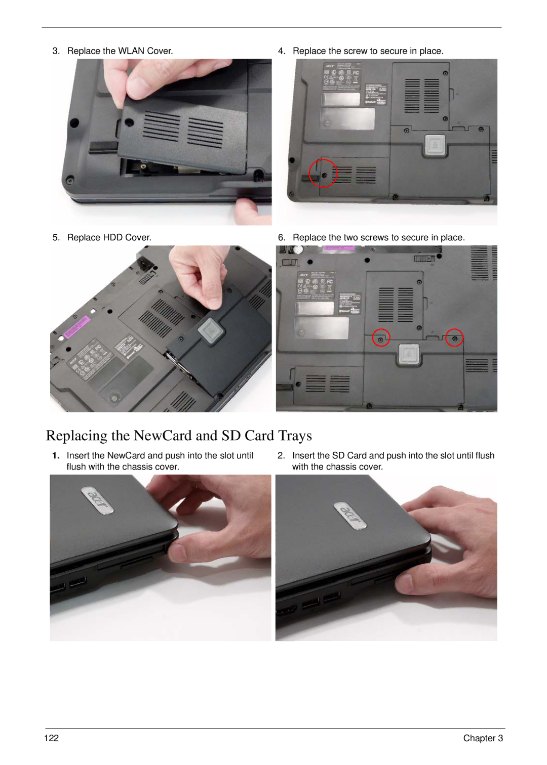 Acer 4730 manual Replacing the NewCard and SD Card Trays 